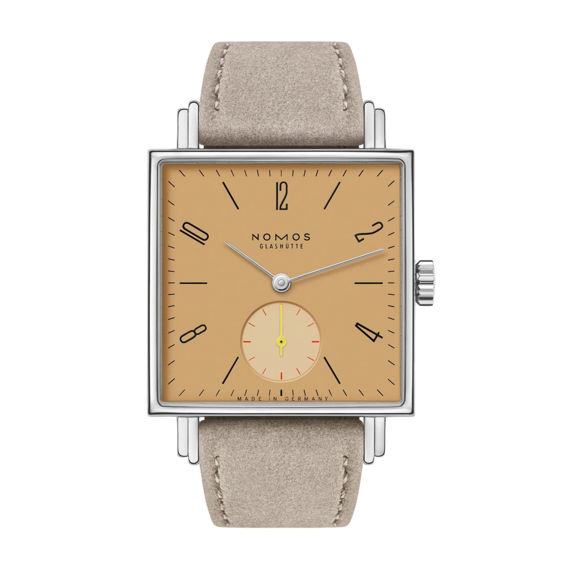 Nomos Montre Nomos Tetra Ochra mécanique fond verre saphir cadran ocre bracelet velours beige 29,5 mm