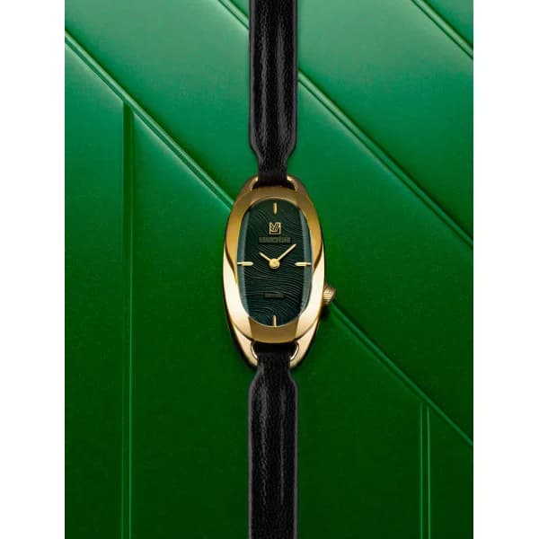 March LA.B Montre March LA.B Oblongue Drapée Emerald 20 mm Bracelet Chevreau Noir
