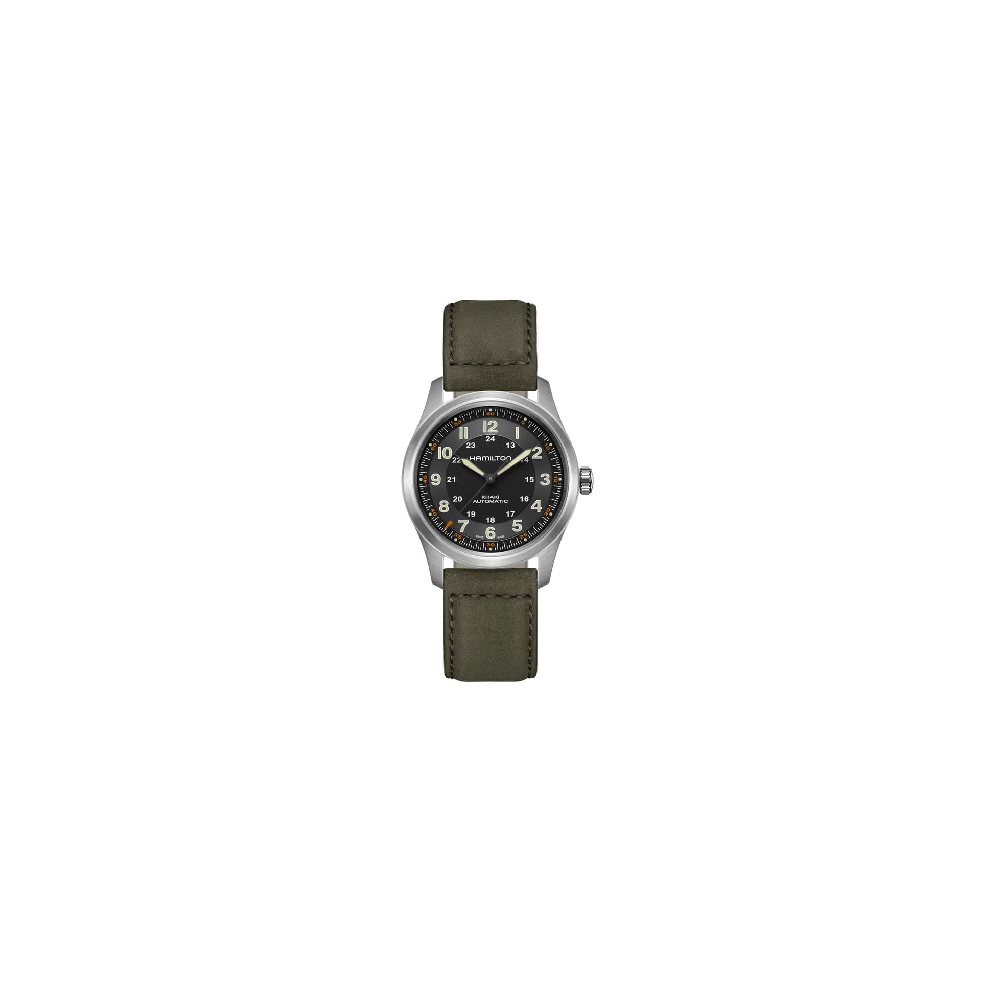 Hamilton Montre Hamilton Khaki Field Titanium automatique cadran noir bracelet cuir vert 38 mm