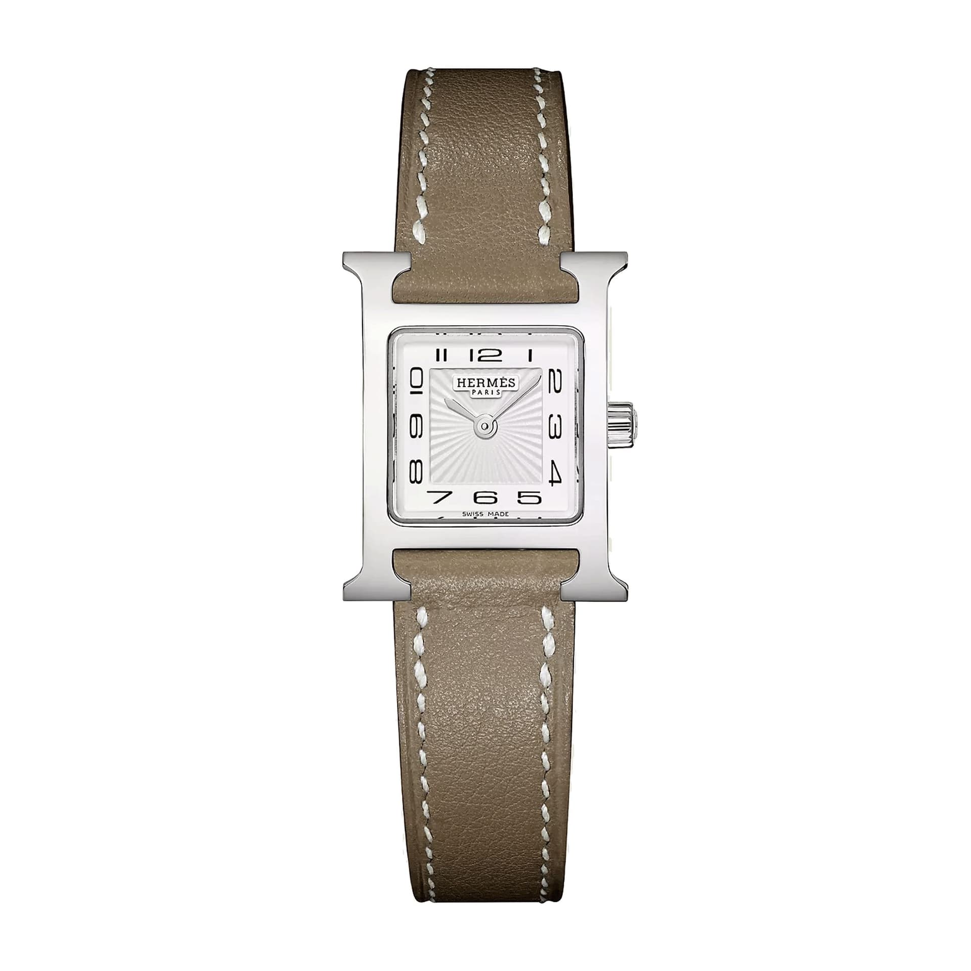 Hermès Montre HERMÈS Heure H Mini Modèle quartz cadran blanc bracelet cuir taupe 21 mm