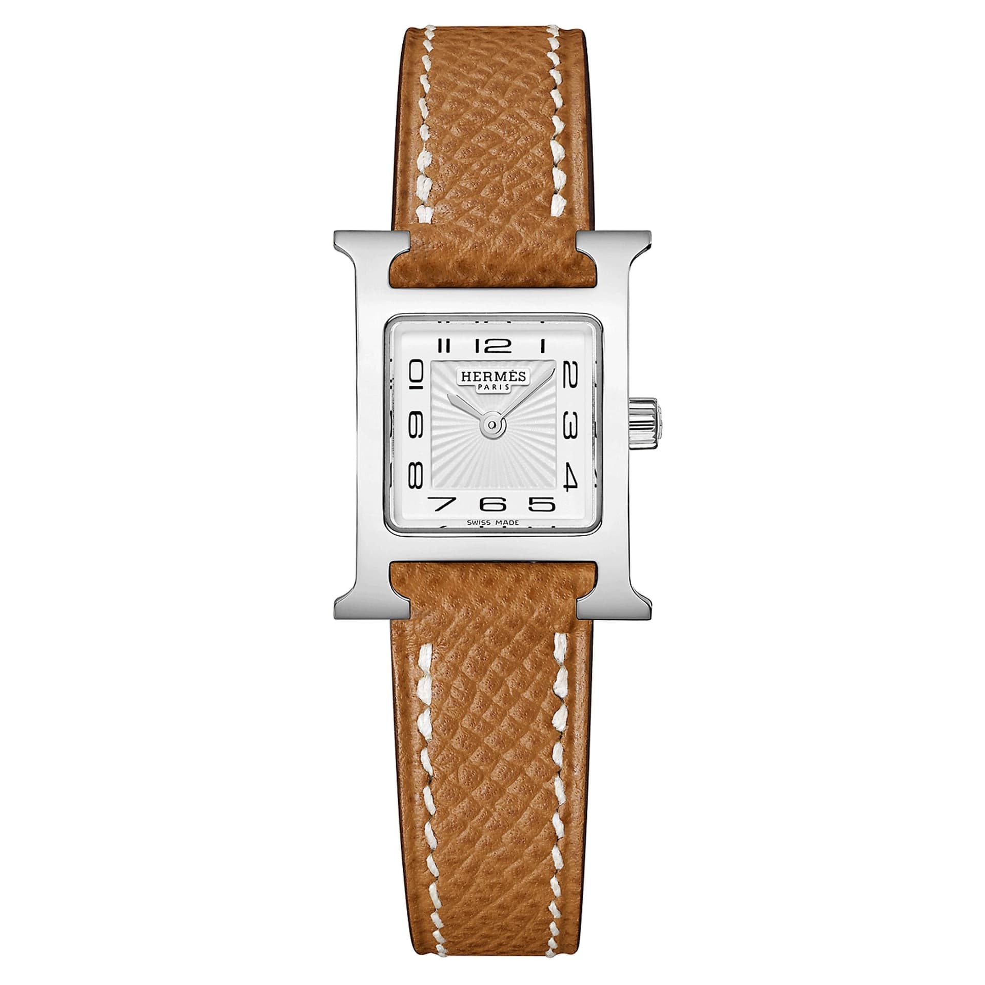 Hermès Montre HERMÈS Heure H Mini Modèle quartz cadran blanc bracelet cuir marron gold 21 mm