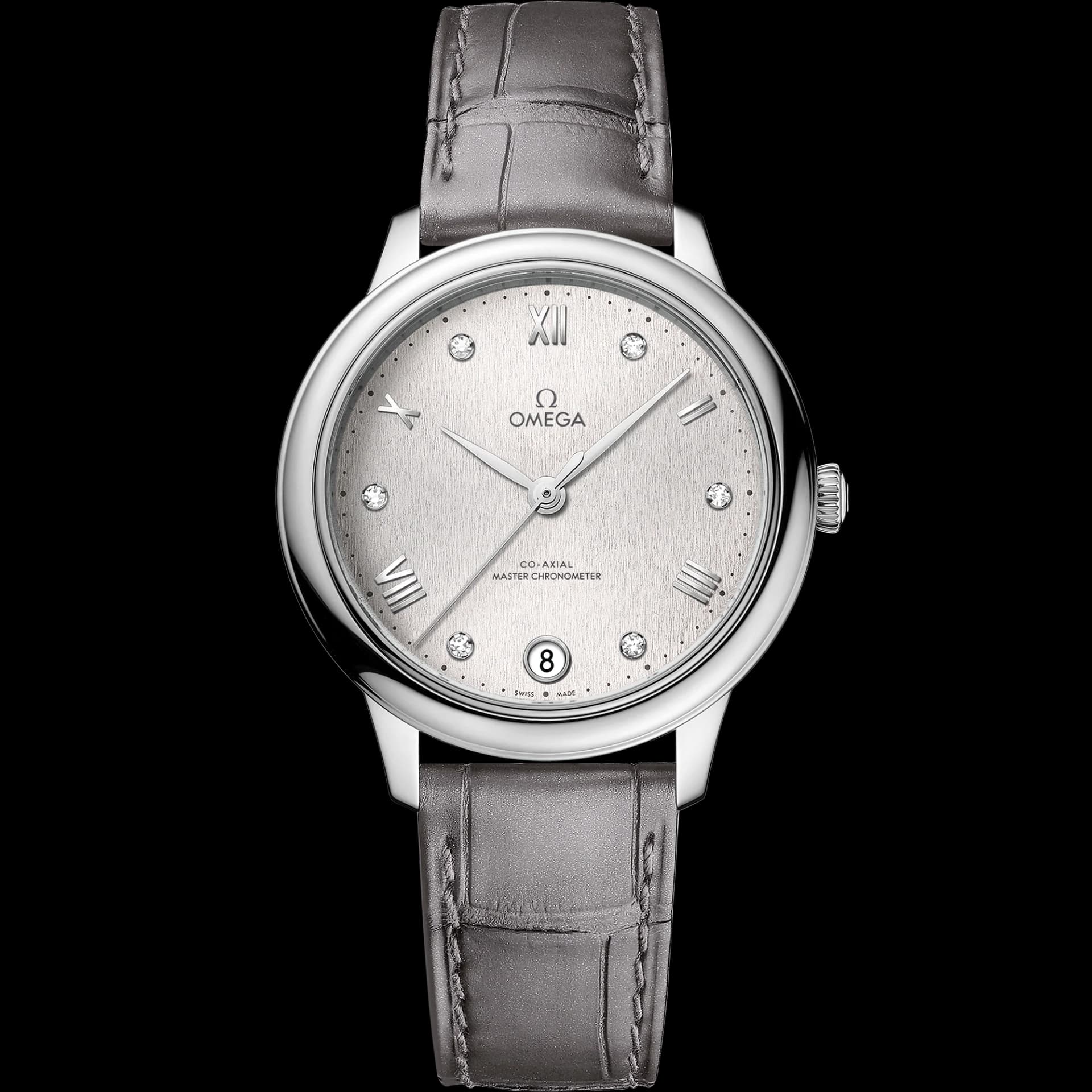 Omega De Ville 34 mm, acier sur bracelet en cuir