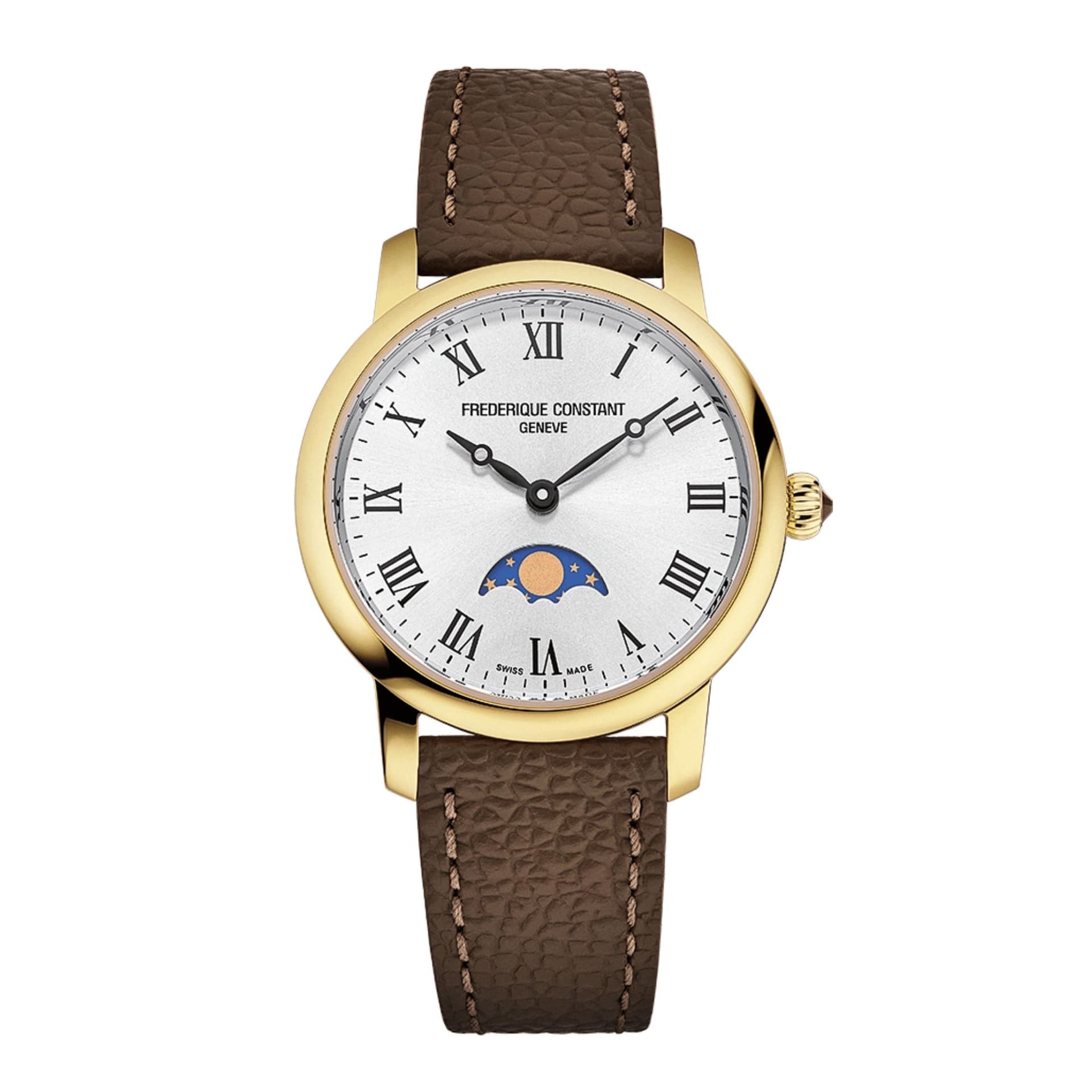 Frédérique Constant Montre Frédérique Constant Classics Slimline Ladies Moonphase quartz PVD or jaune cadran argenté bracelet cuir 30 mm