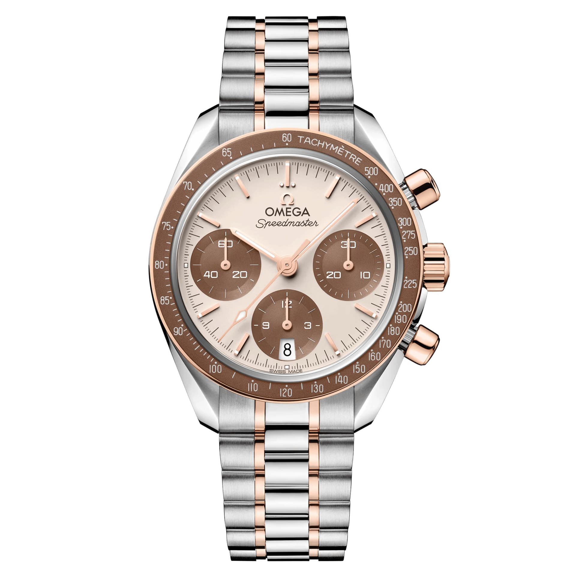 Omega Montre Omega Speedmaster 38 automatique acier et or Sedna™ cadran ivoire bracelet bicolore 38 mm