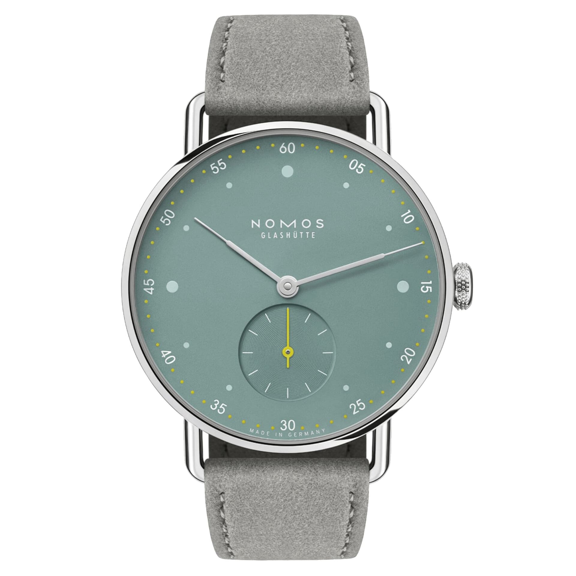 Nomos Montre Nomos Metro Sage mécanique fond acier cadran vert bracelet cuir gris 33 mm