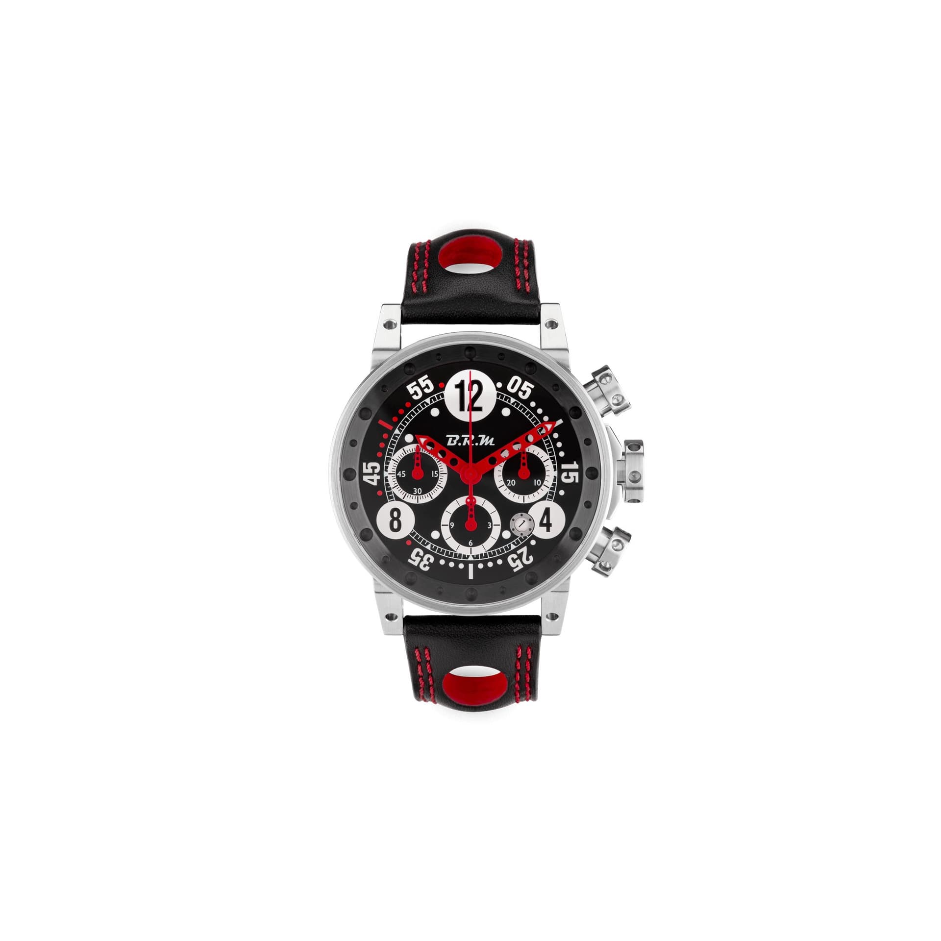 BRM Montre BRM V12 automatique inox cadran noir aiguilles rouges bracelet cuir noir 44 mm