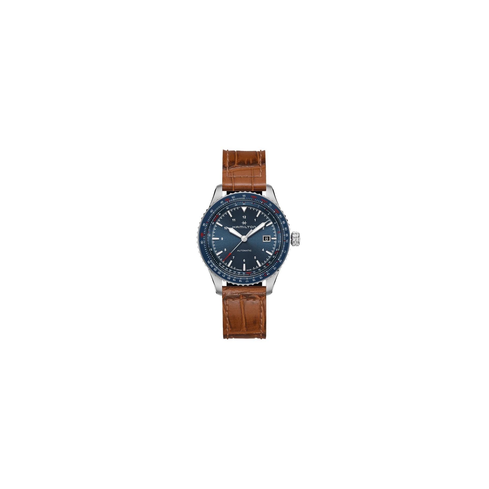 Hamilton Montre Hamilton Khaki Aviation Converter automatique cadran bleu bracelet cuir brun 42 mm