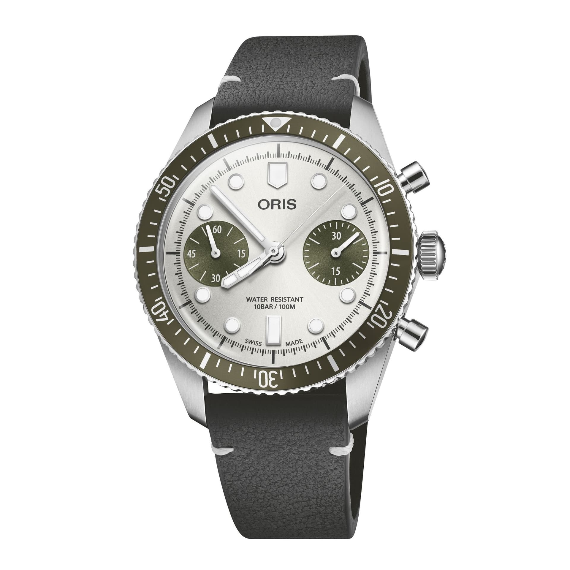 Oris Montre Oris Divers Sixty-Five Chronographe automatique cadran gris et vert bracelet cuir noir 40 mm