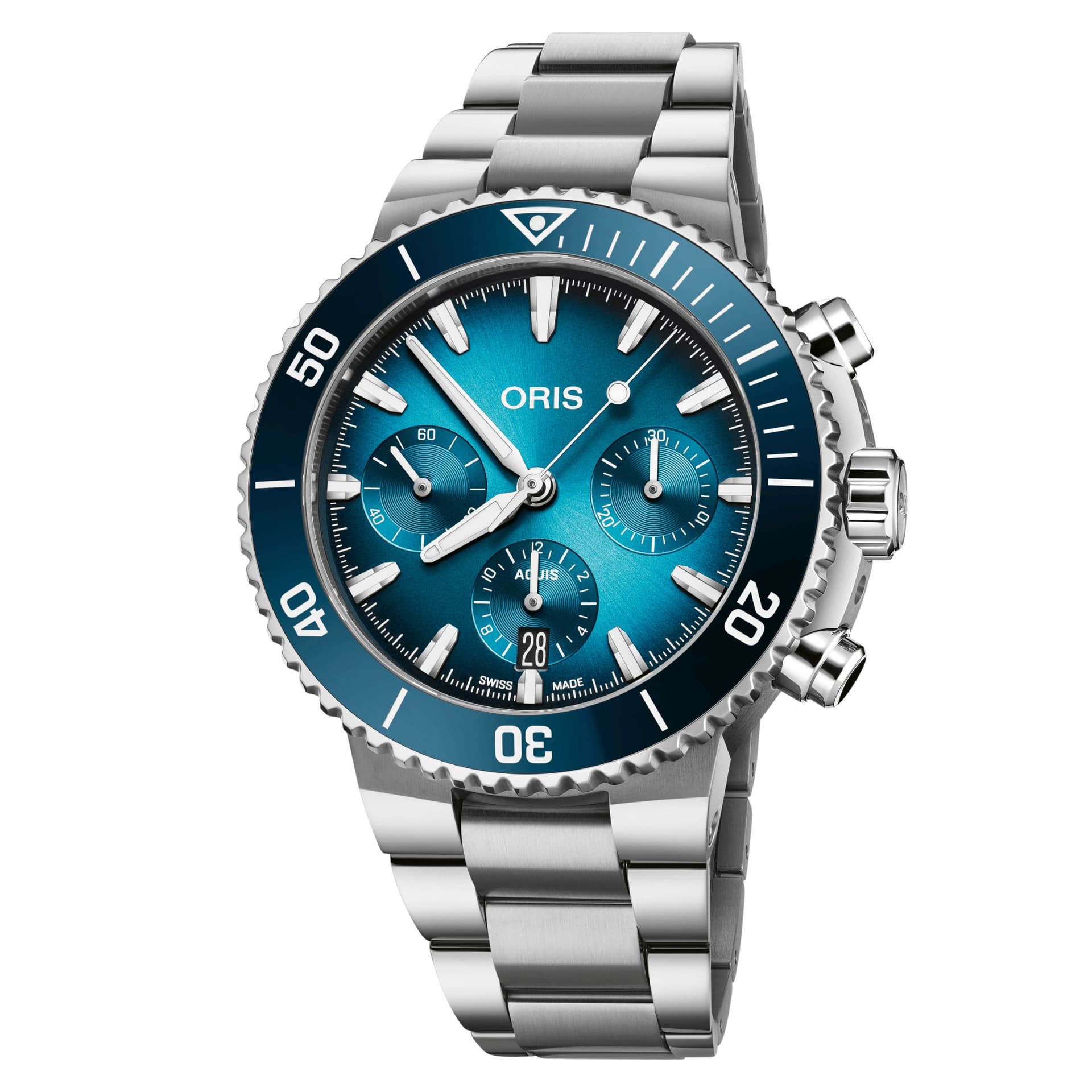 Oris Montre Oris Plongée Aquis Chronographe automatiquee cadran bleu bracelet acier 43,5 mm
