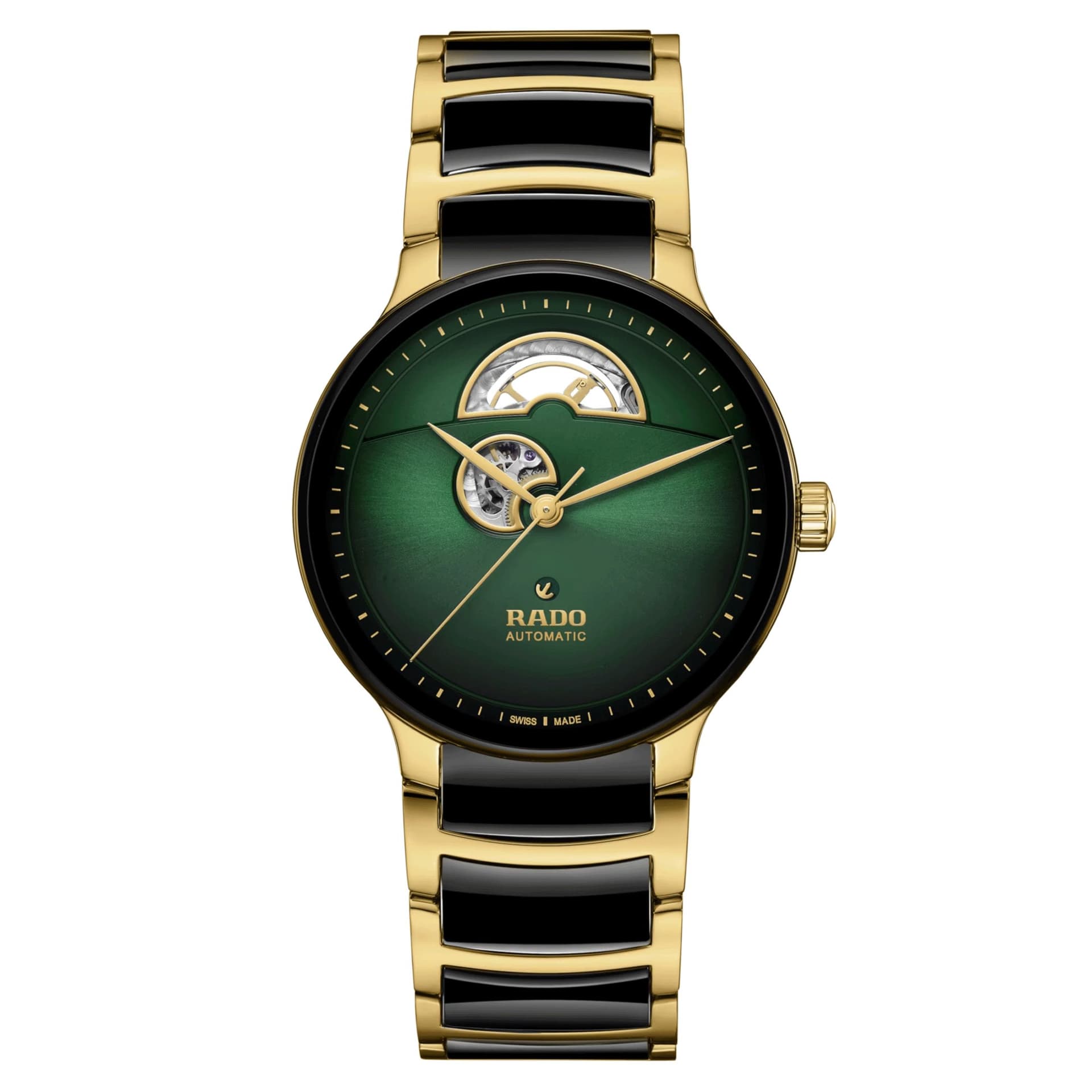 Rado Montre Rado Centrix Open Heart automatique cadran vert bracelet acier PVD or jaune et céramique noire 39,5 mm
