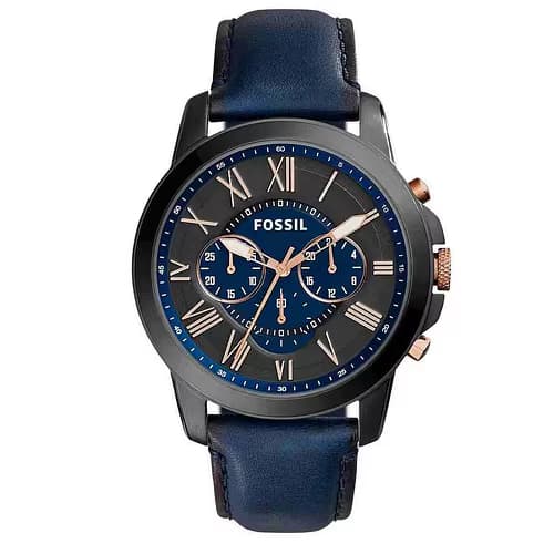 Fossil 44 mm — bracelet cuir bleu