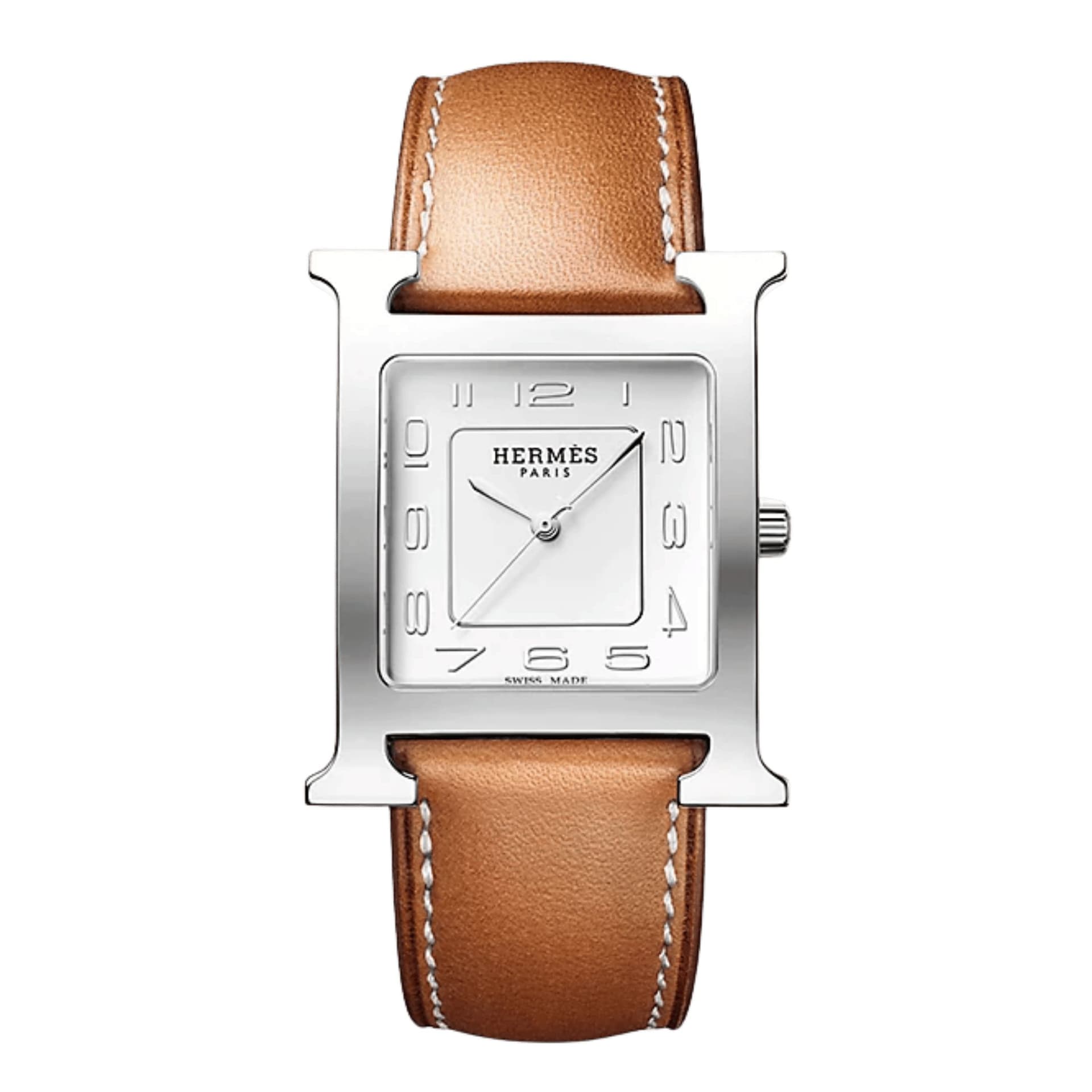 Hermès Montre HERMÈS Heure H Grand Modèle quartz cadran argenté bracelet cuir Barénia 34 mm