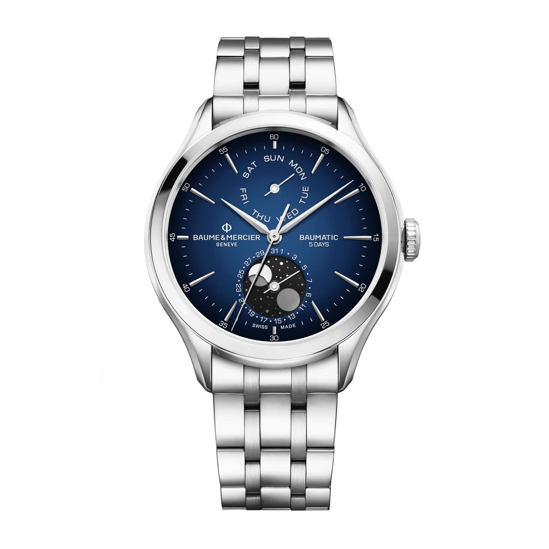 Baume & Mercier Montre Baume et Mercier Clifton Phase de Lune automatique cadran bleu bracelet acier 42 mm