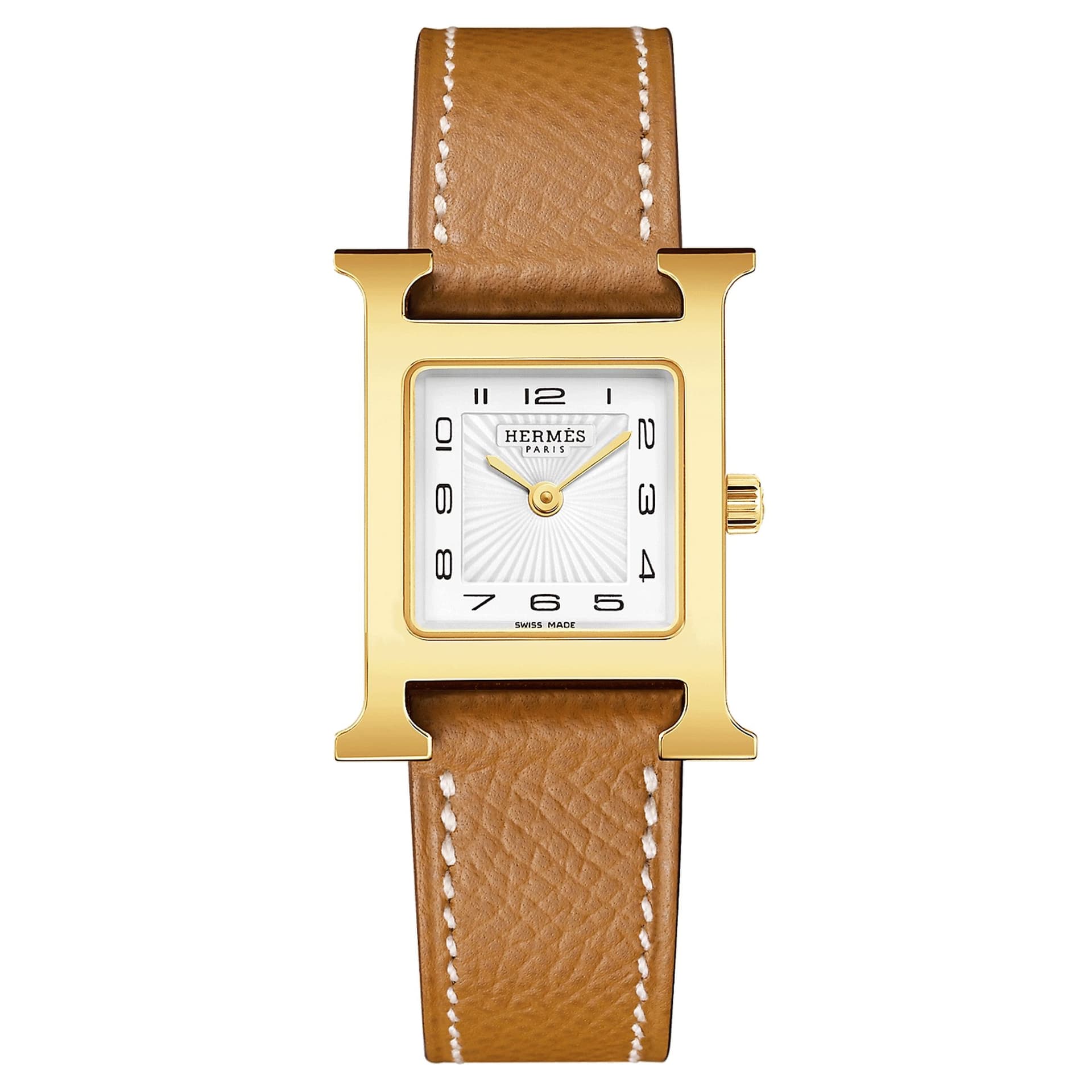 Hermès Montre HERMÈS Heure H Petit Modèle PVD quartz cadran blanc bracelet cuir marron gold 25 mm
