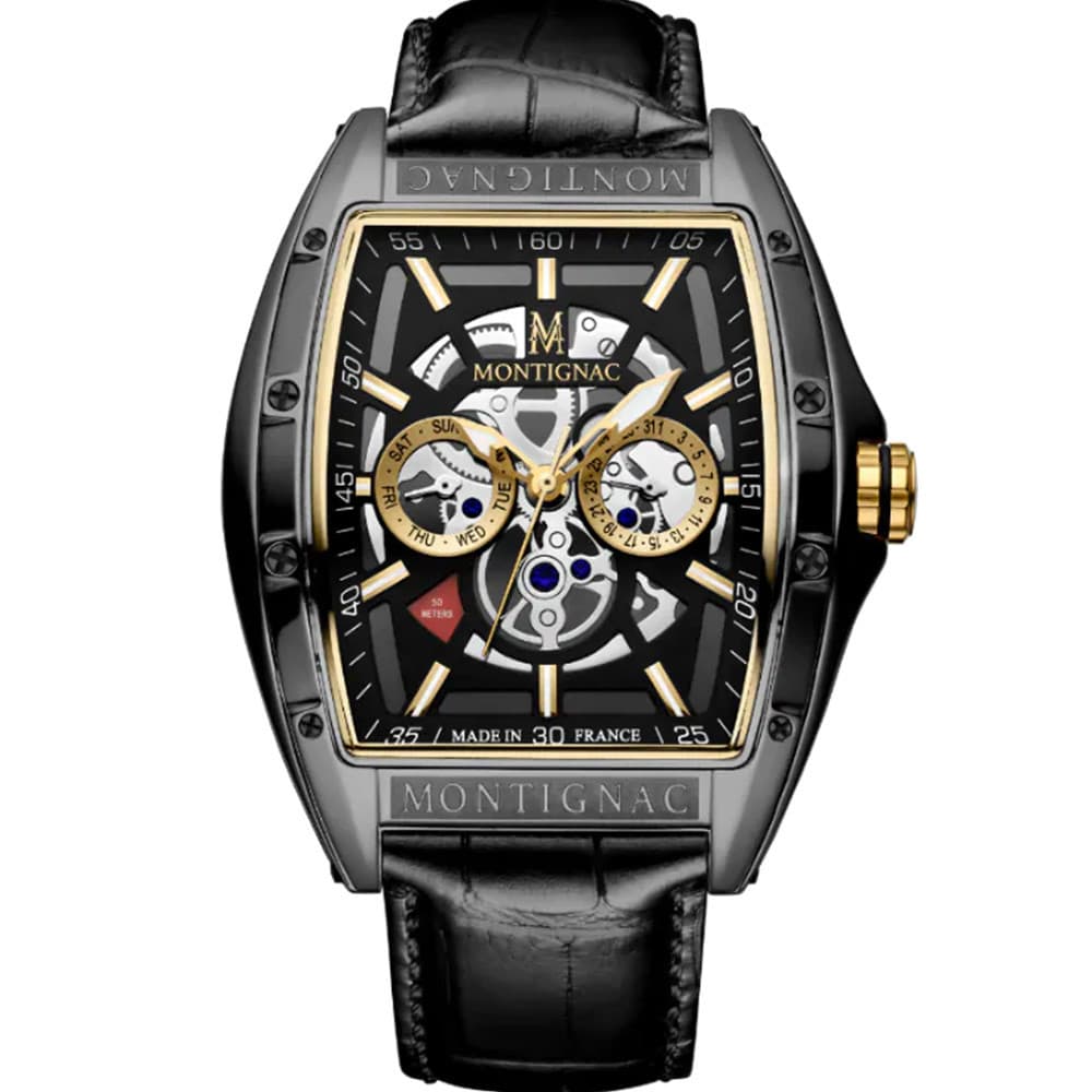 Montignac Montre Montignac Collection Tonneau en Cuir Noir