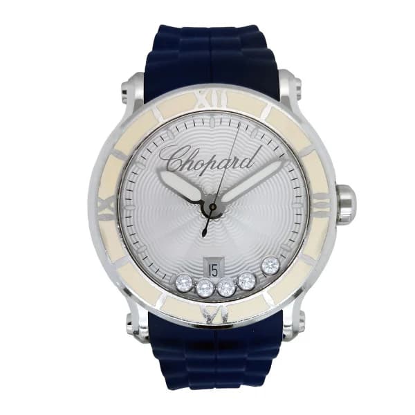 Daniel Gérard Montre Occasion Chopard Happy Sport Chronographe 5 Diamants Mobiles Bracelet Caoutchouc Bleu