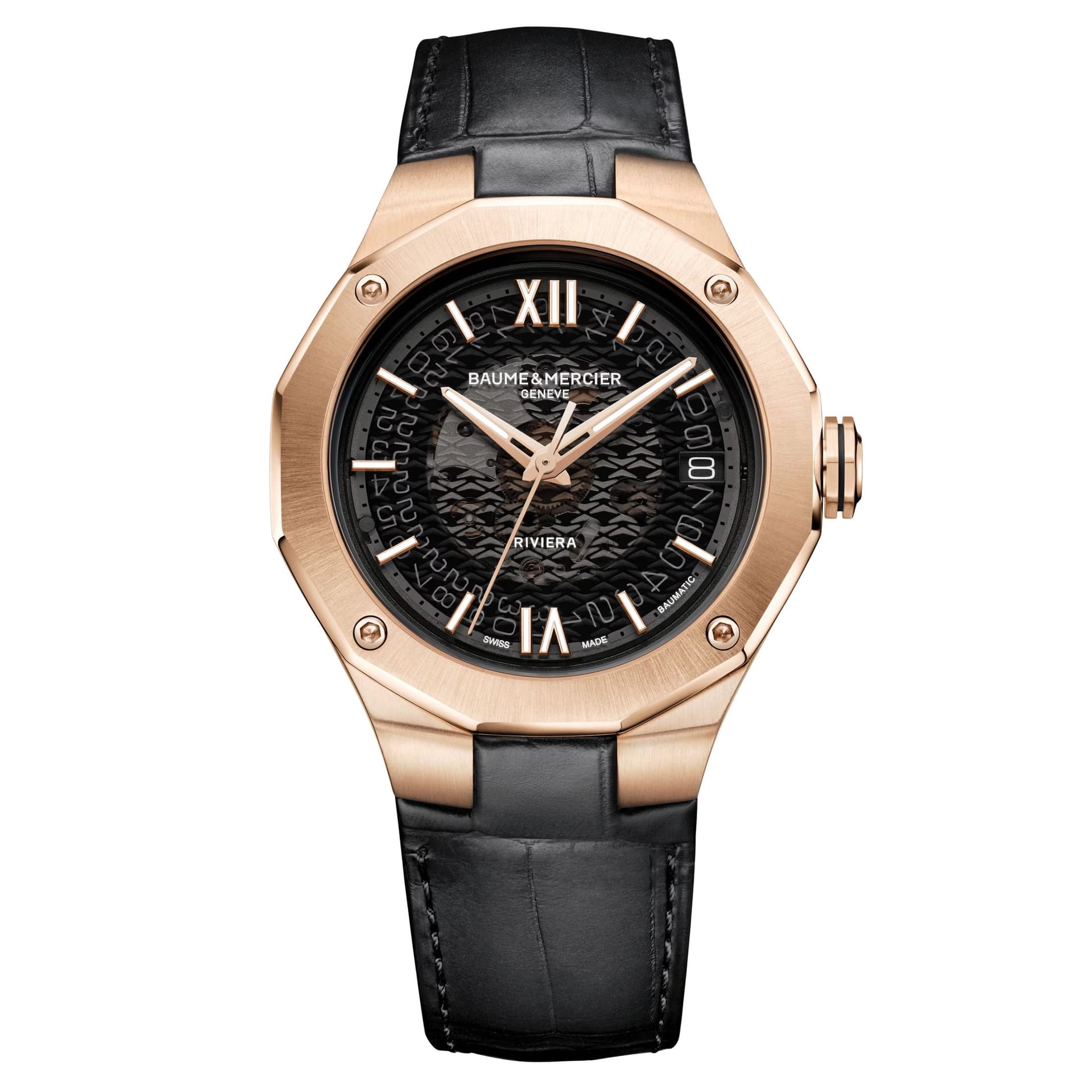 Baume & Mercier Montre Baume et Mercier Riviera Or Rose automatique cadran noir transparent bracelet cuir 39 mm