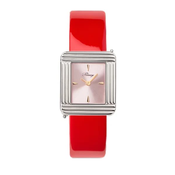 Poiray Montre Poiray Ma Première Acier Cadran Rose Bracelet Veau Vernis Rouge