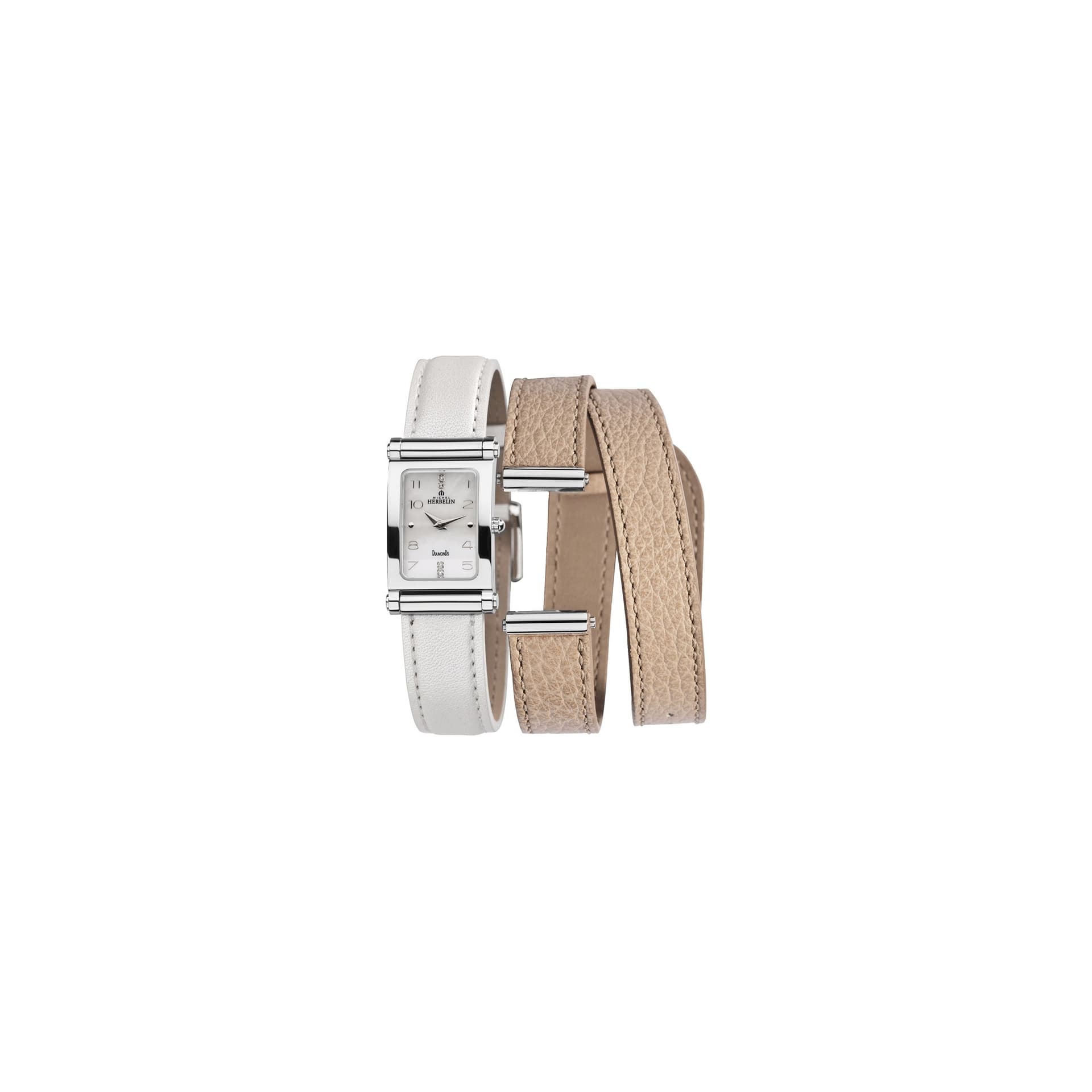 Michel Herbelin Montre Michel Herbelin Coffret Antarès quartz cadran nacre chiffres arabes bracelets cuir blanc et beige