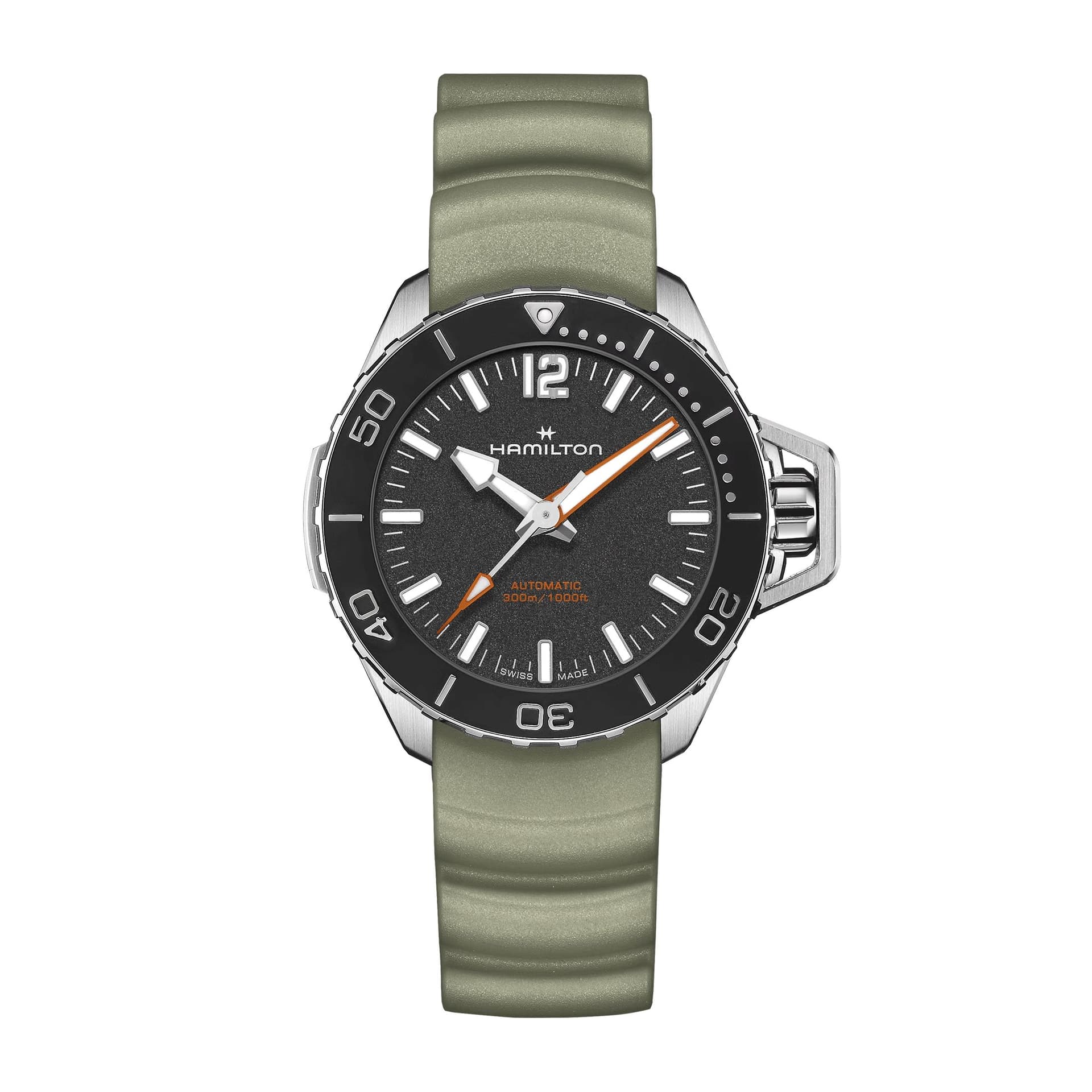Hamilton Montre Hamilton Khaki Navy Frogman automatique cadran noir bracelet caoutchouc vert 41 mm