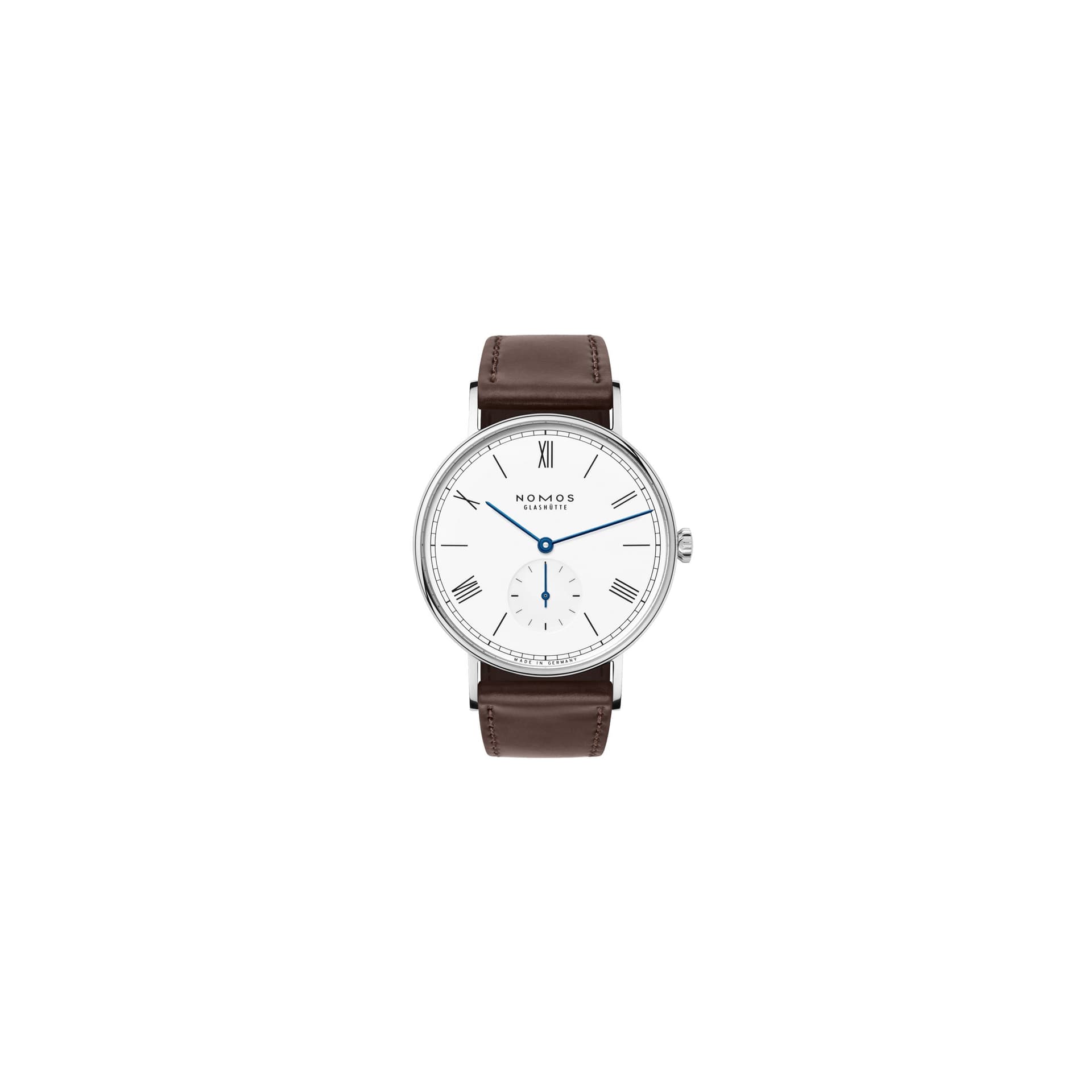 Nomos Montre NOMOS Ludwig 38 mécanique cadran blanc émail fond saphir bracelet cuir brun 37,5 mm