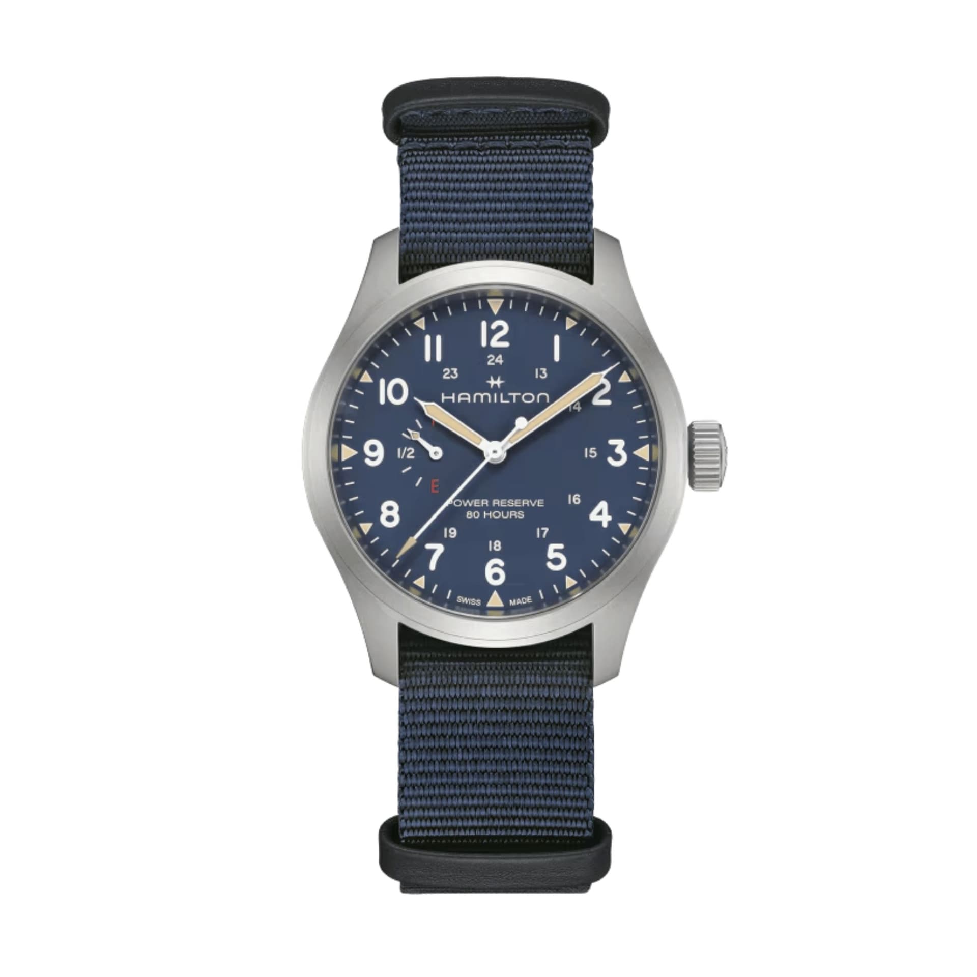 Hamilton Montre Hamilton Khaki Field Power Reserve cadran bleu bracelet tissu bleu 40 mm