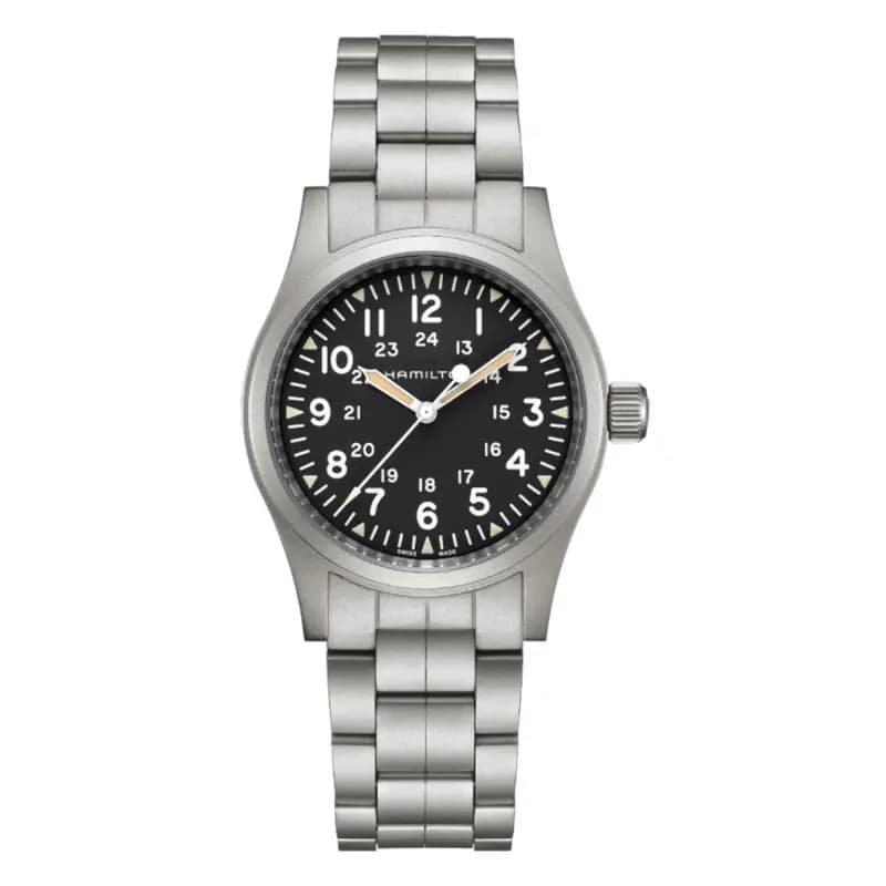 Hamilton Montre Hamilton Khaki Field Mechanical Mechanical Cadran Noir Bracelet Acier 38 mm