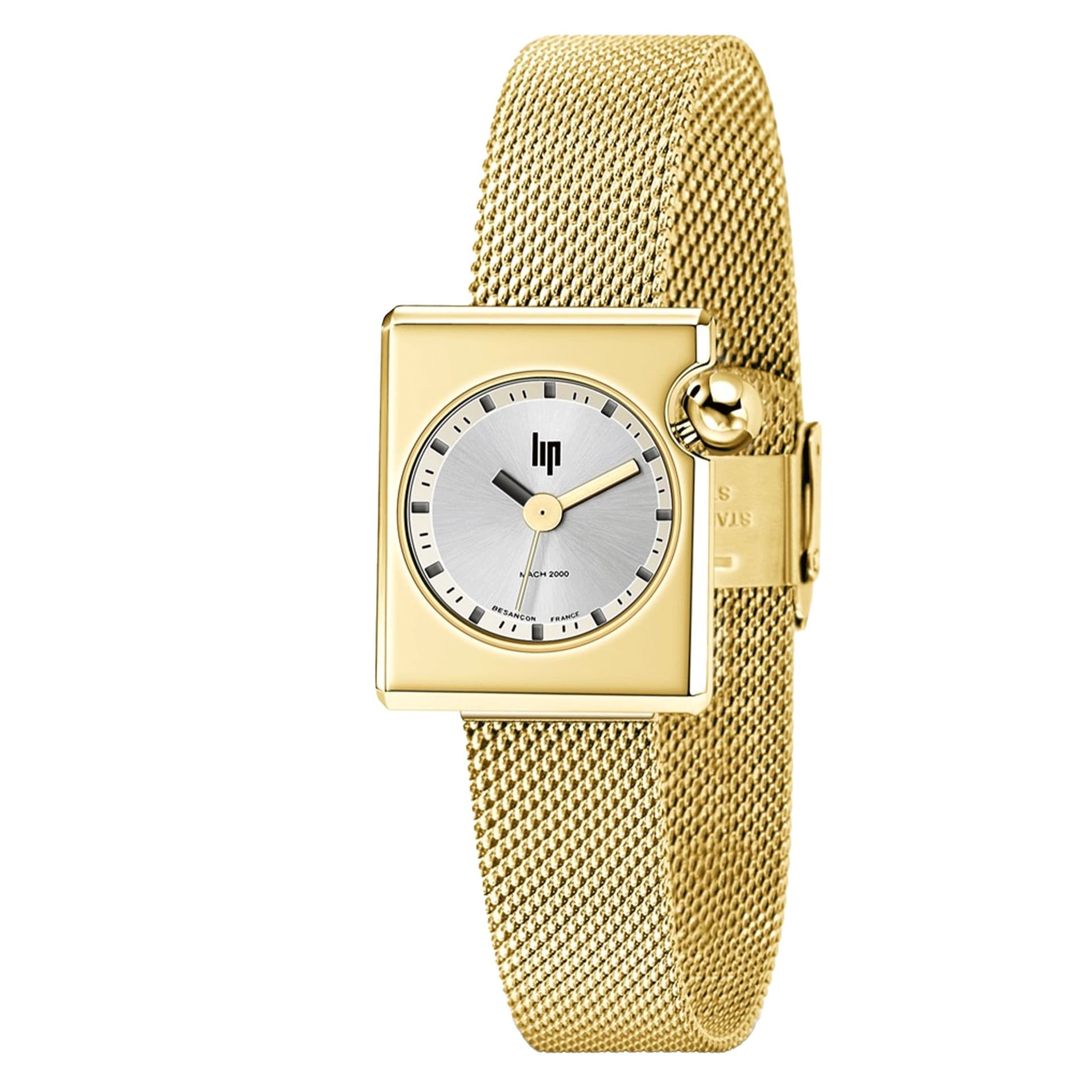 Lip Montre Lip Mach 2000 Mini Square quartz cadran argenté bracelet acier doré 30 x 28 mm