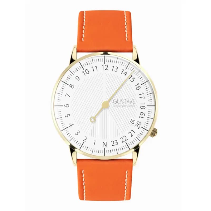 Gustave & Cie Montre 24H André Or & Blanc Cuir Orange Clémentine Surpiqué 36mm