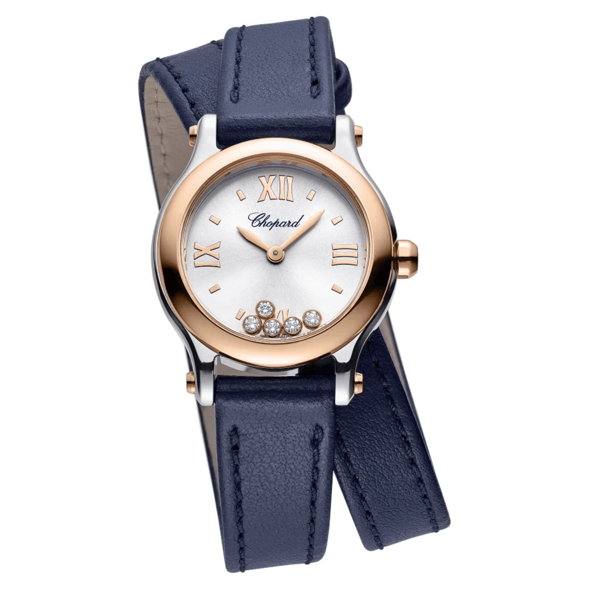Chopard Montre Chopard Happy Sport quartz lunette or rose cadran argent bracelet cuir bleu 25 mm