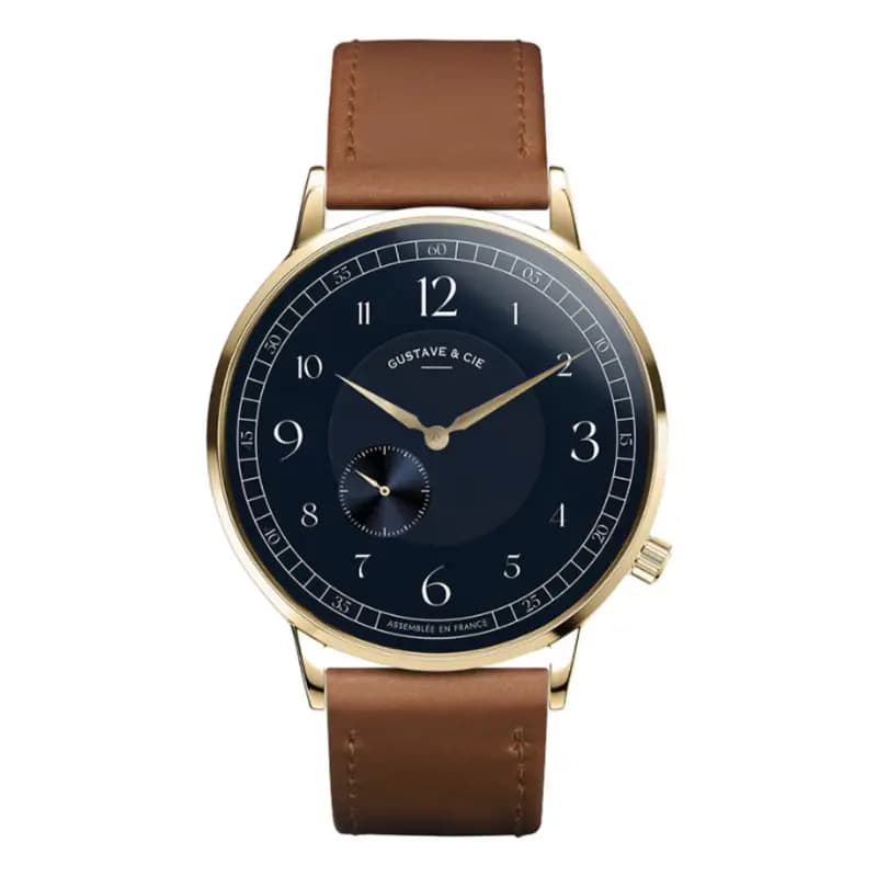 Gustave & Cie Montre 12H Hector Or & Bleu Cuir Marron Havane Surpiqué 40mm