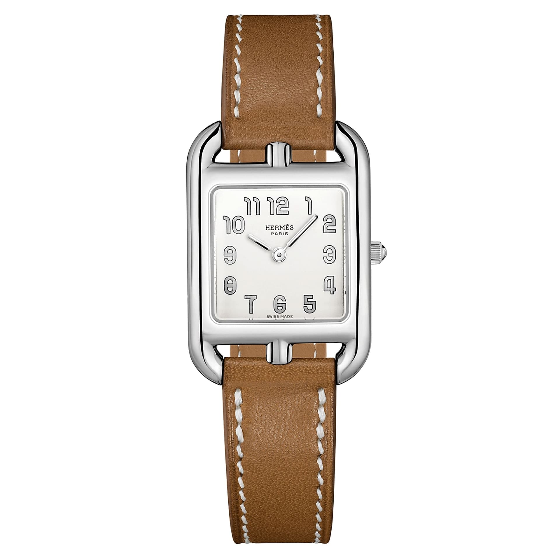 Hermès Montre HERMÈS Cape Cod Petit Modèle quartz cadran argenté bracelet cuir marron 31 mm