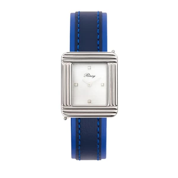 Poiray Montre Poiray Ma Première Cadran Blanc Serti Bracelet Veau Sellier Bleu Nuit