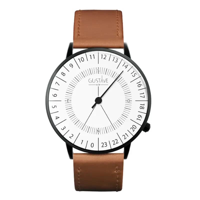 Gustave & Cie Montre 24H Antoine Noir & Blanc Cuir Marron Havane Surpiqué 40mm
