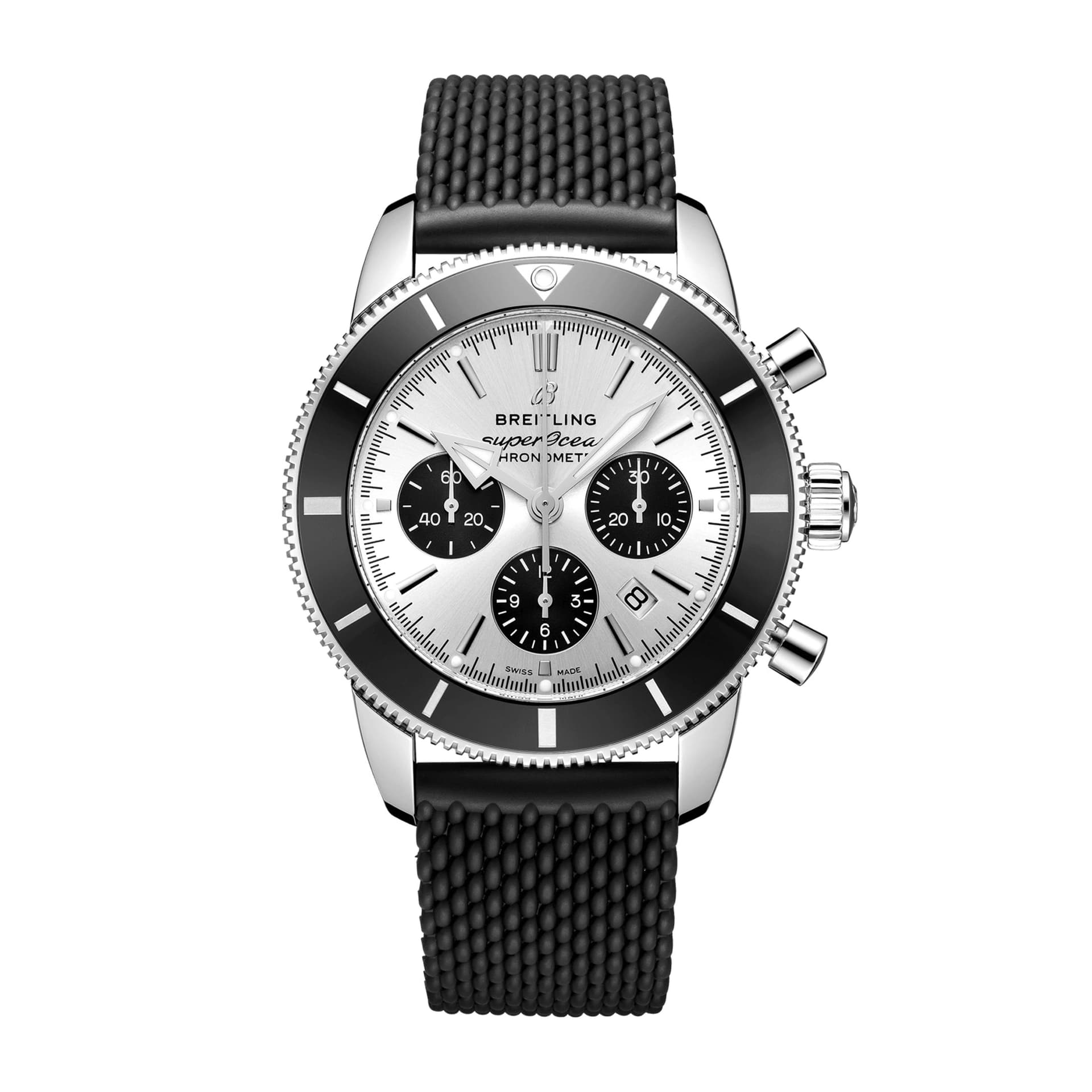 Breitling Montre Breitling Superocean Heritage II B01 chronograph automatique cadran argenté bracelet caoutchouc noir 44 mm