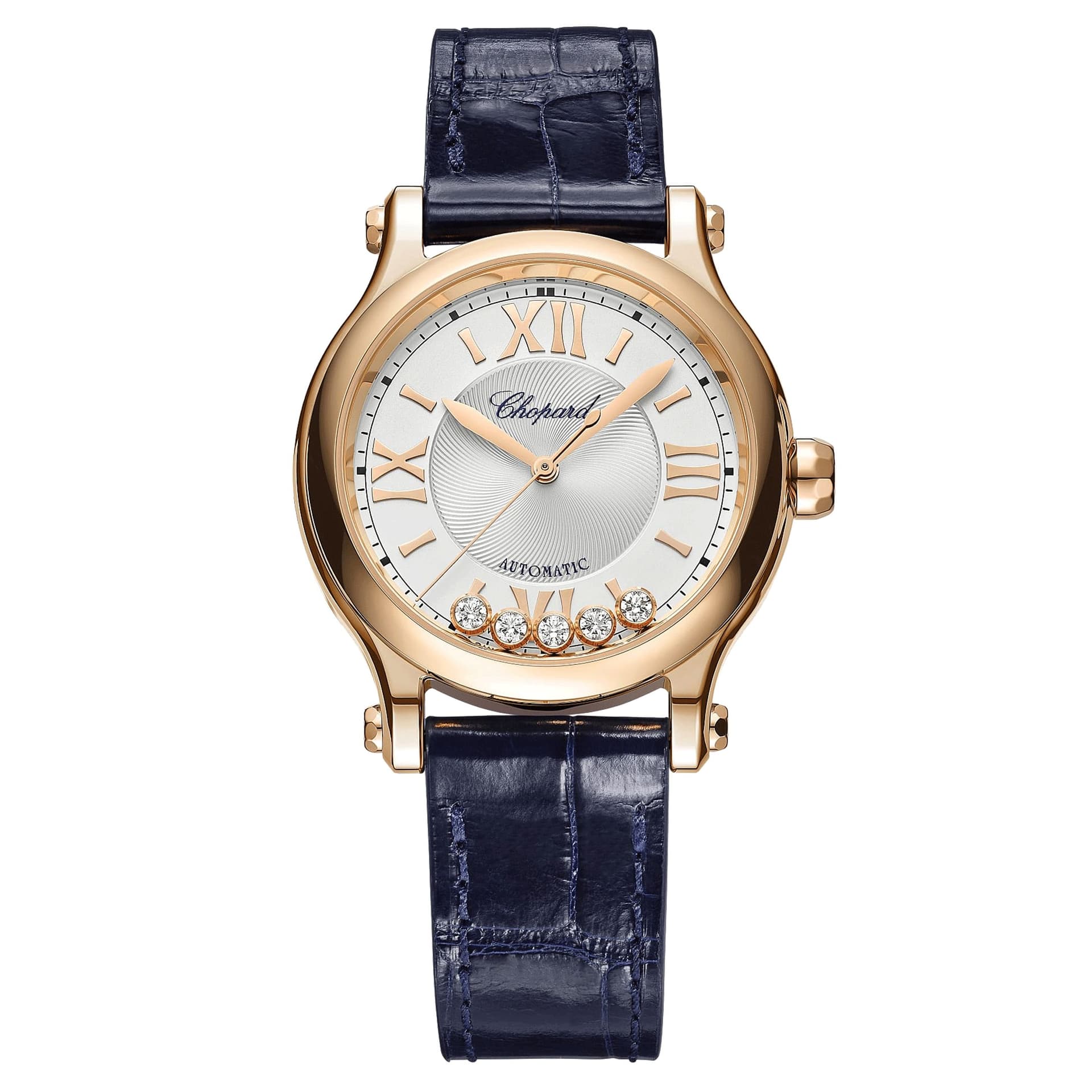 Chopard Montre Chopard Happy Sport Or Rose automatique cadran argent bracelet cuir bleu 33 mm