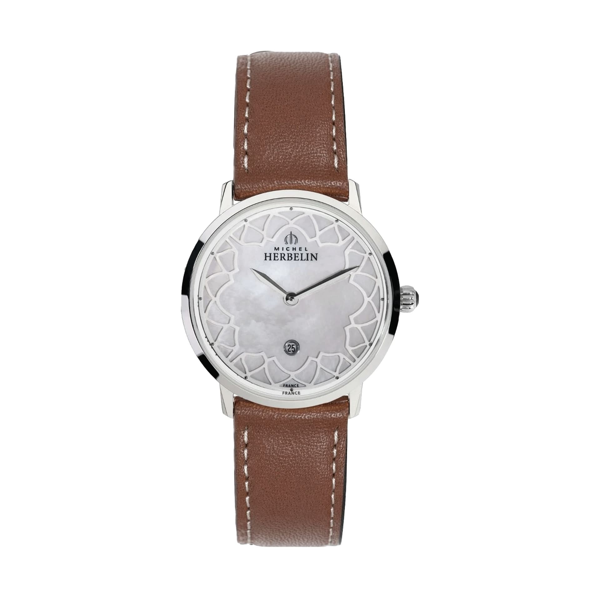 Michel Herbelin Montre Michel Herbelin City quartz cadran nacre blanche bracelet cuir brun 30,50 mm