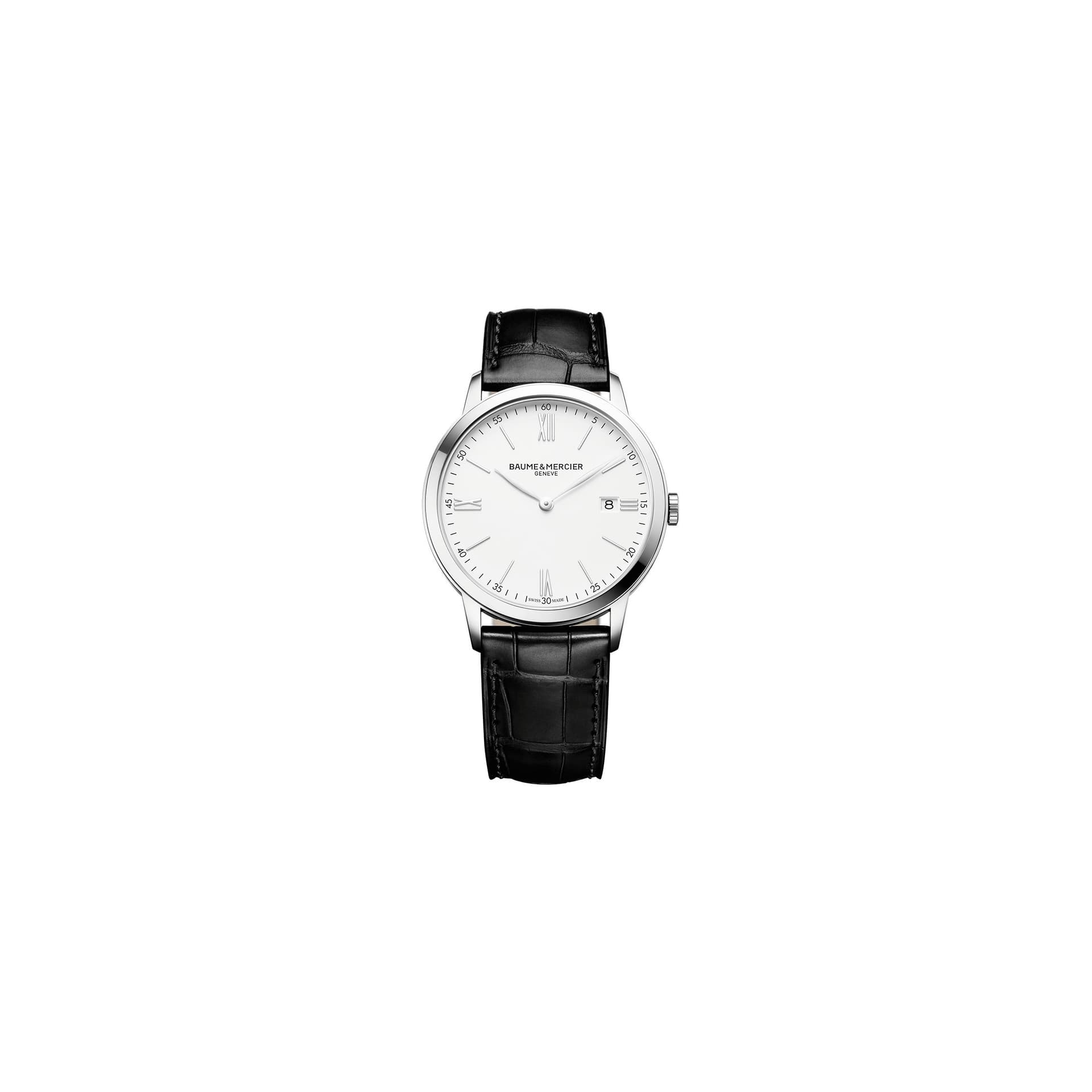 Baume & Mercier Montre Baume et Mercier Classima quartz cadran blanc bracelet cuir veau noir 40 mm