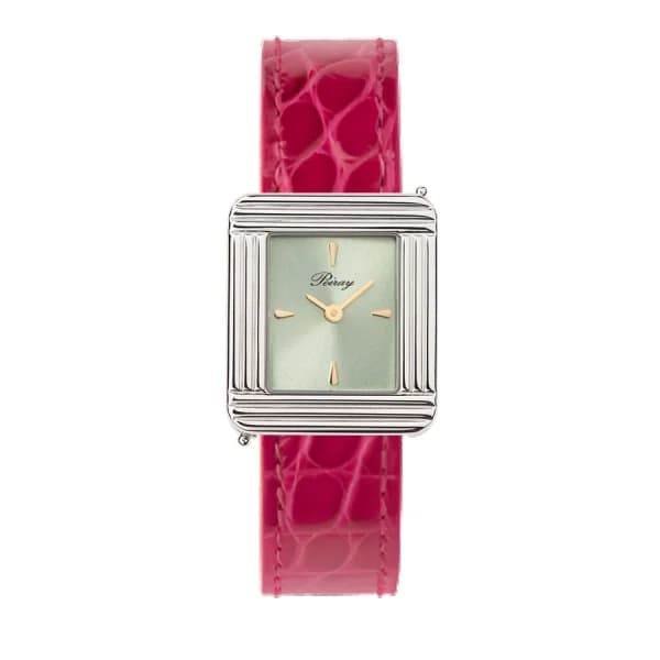 Poiray Montre Poiray Ma Première Acier Cadran Vert Bracelet Alligator Rose