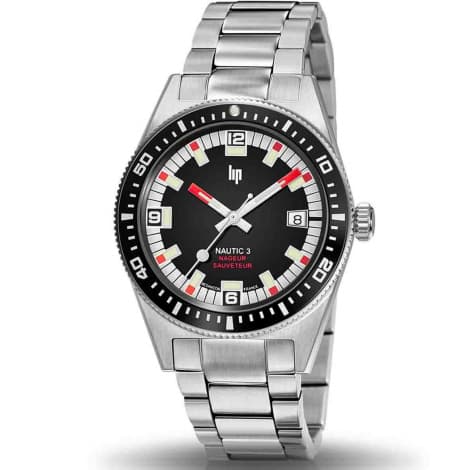 Lip Montre Lip Nautic 3 Nageur-Sauveteur 39 mm 670097- Homme - cadran Noir- 39 mm - Acier Poli Satiné