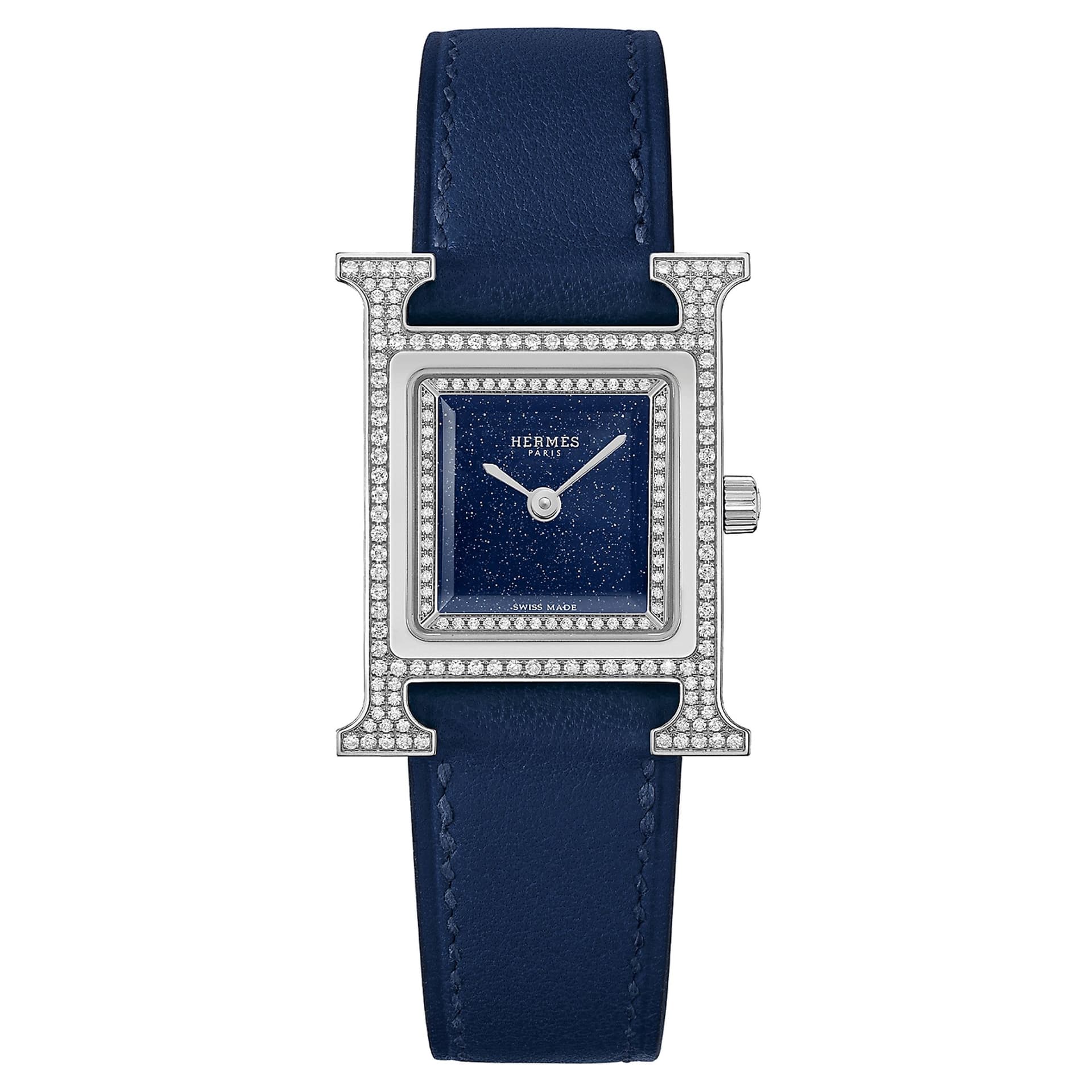 Hermès Montre HERMÈS Heure H Petit Modèle sertie quartz cadran aventurine bleue bracelet cuir bleu 25 mm