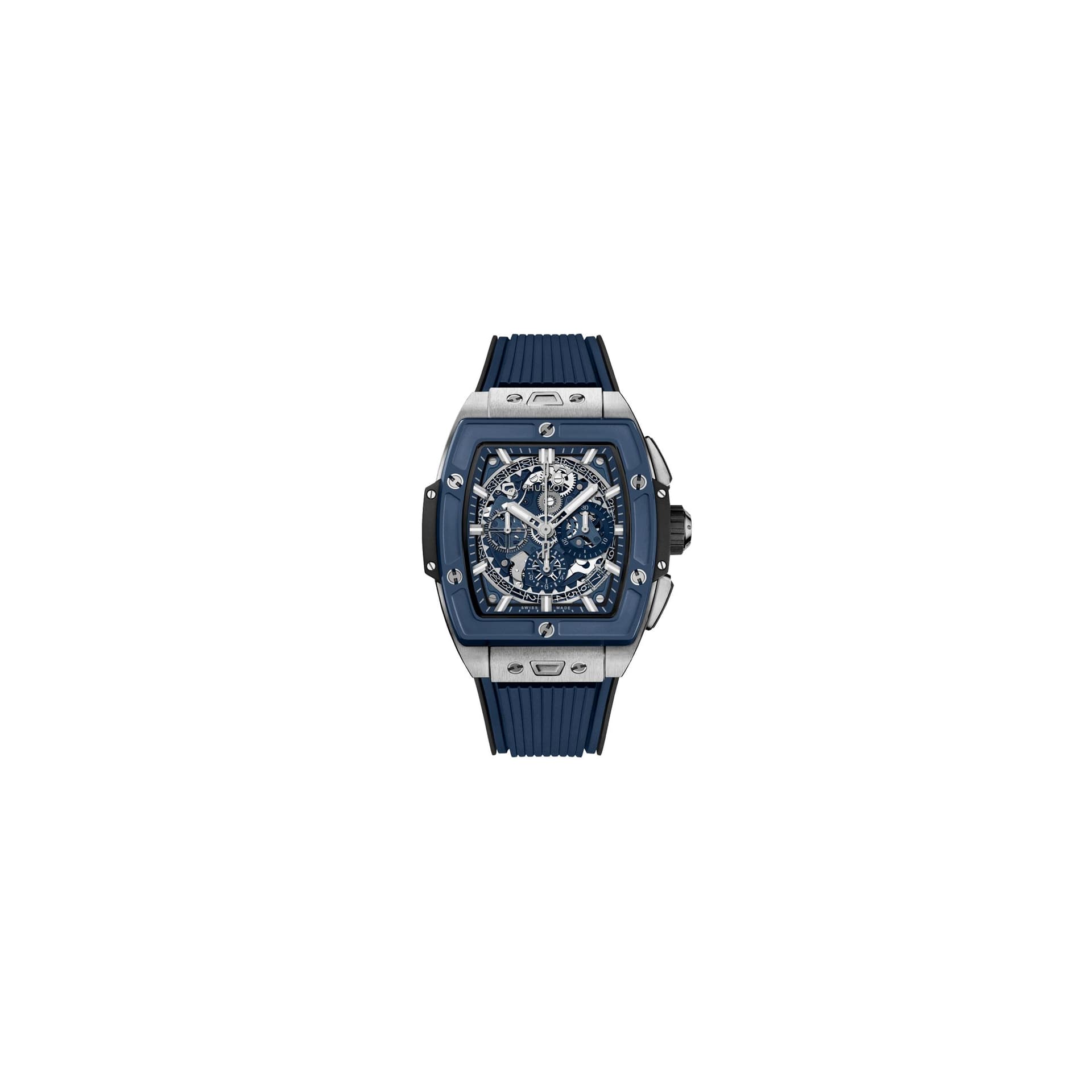 Hublot Montre Hublot Spirit of Big Bang Titanium Blue Ceramic automatique cadran squelette bracelet caoutchouc bleu 42 mm