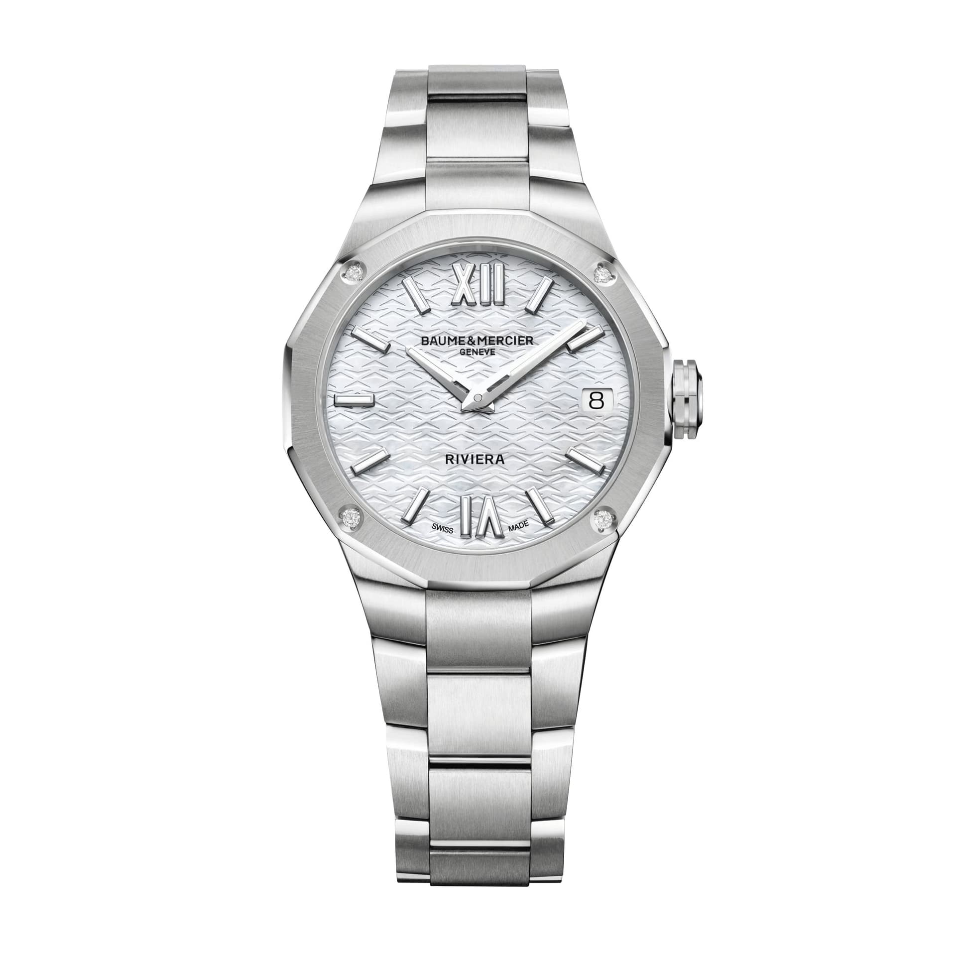 Baume & Mercier Montre Baume et Mercier Riviera Diamants quartz cadran blanc bracelet acier 33 mm