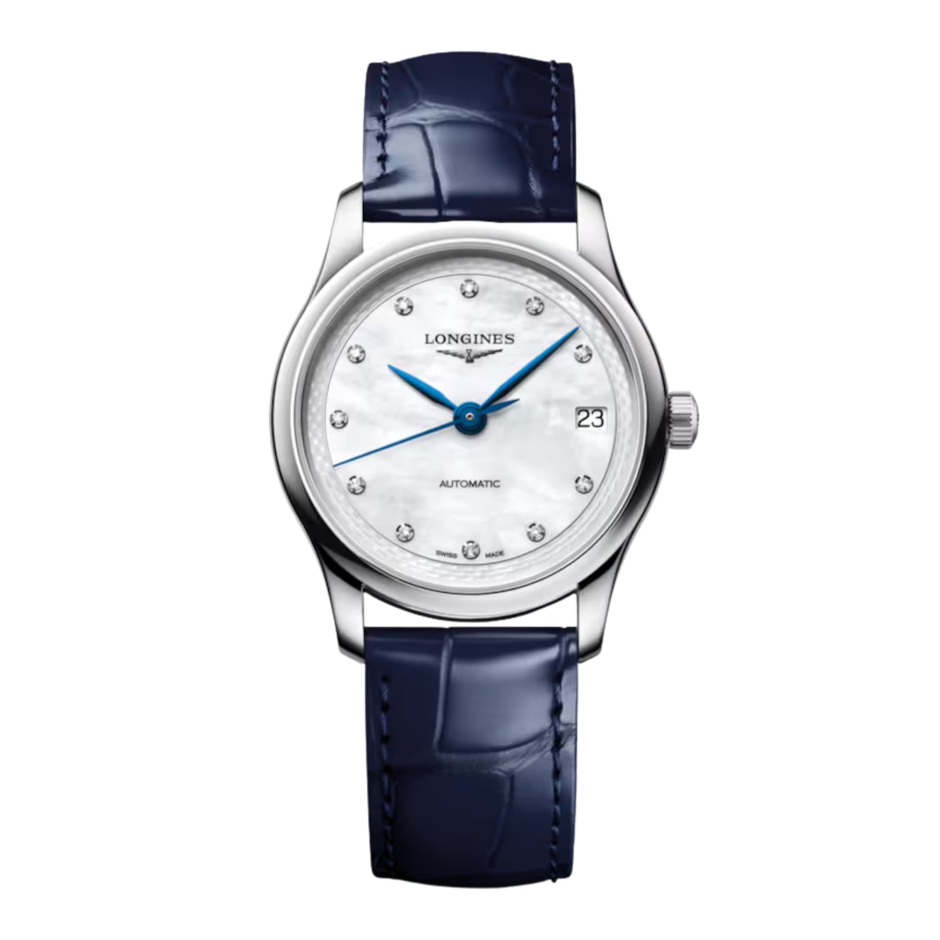 Longines Montre Longines Master Collection automatique cadran nacre blanche bracelet cuir bleu 34 mm
