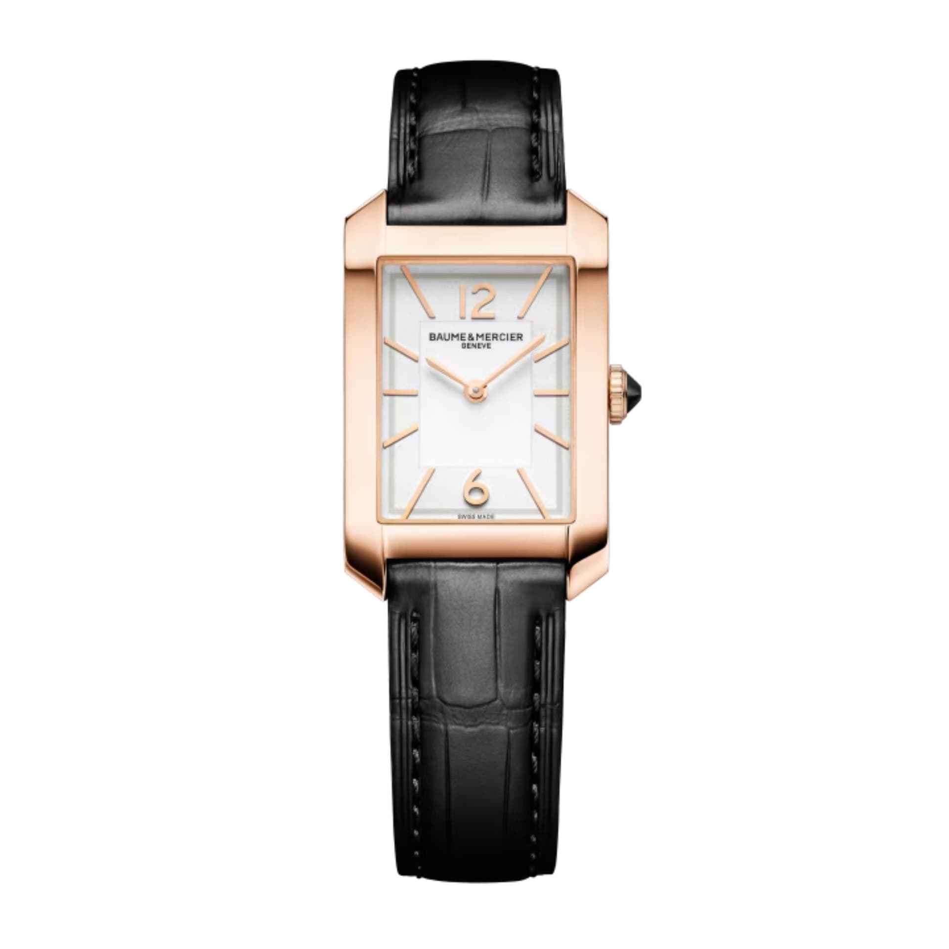 Baume & Mercier Montre Baume et Mercier Hampton Or Rose quartz cadran blanc bracelet cuir noir 35 x 22 mm
