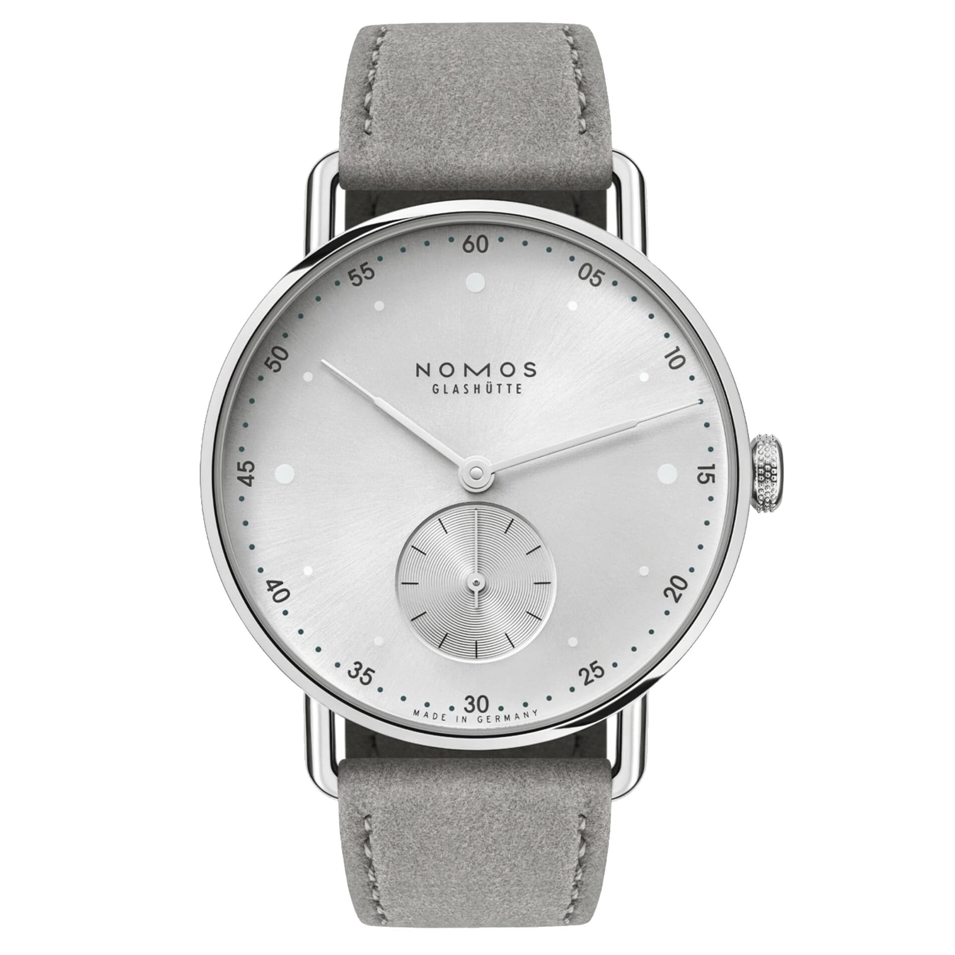 Nomos Montre Nomos Metro All Silver mécanique fond acier cadran argent bracelet cuir gris 33 mm