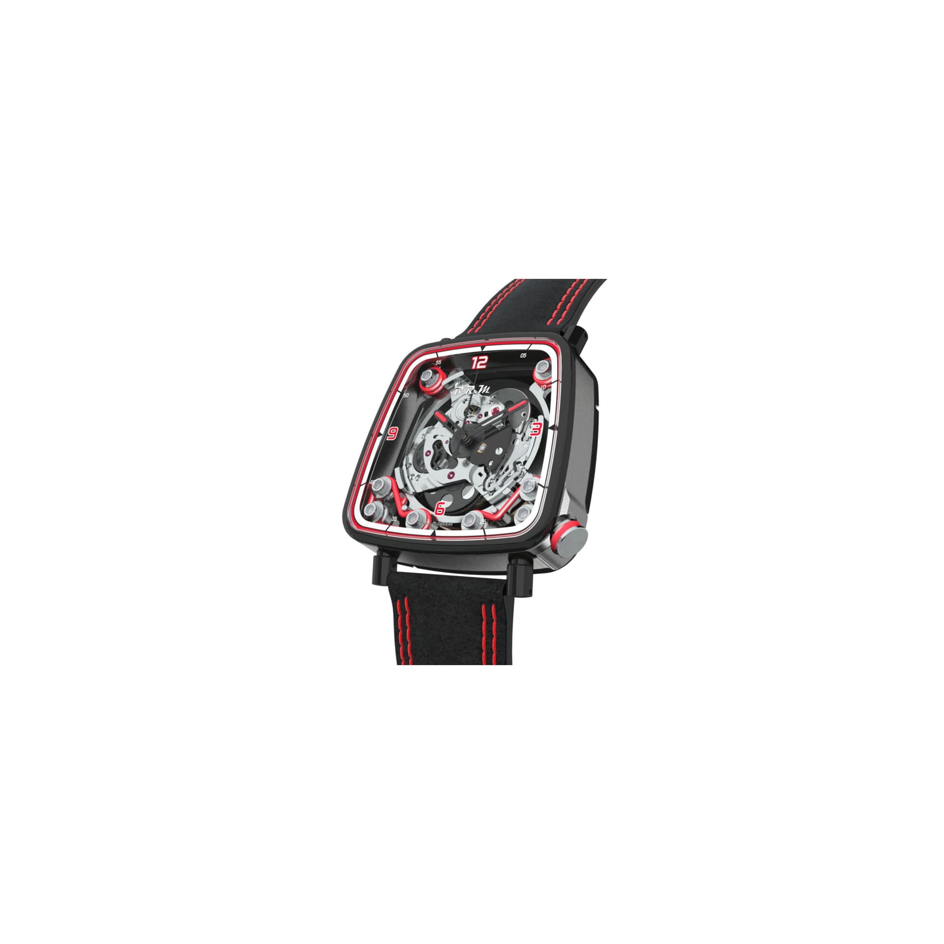 B.R.M Montre B.R.M FF39-40 automatique titane PVD noir couronne laque rouge cadran squelette bracelet cuir Alcantara noir 40 mm