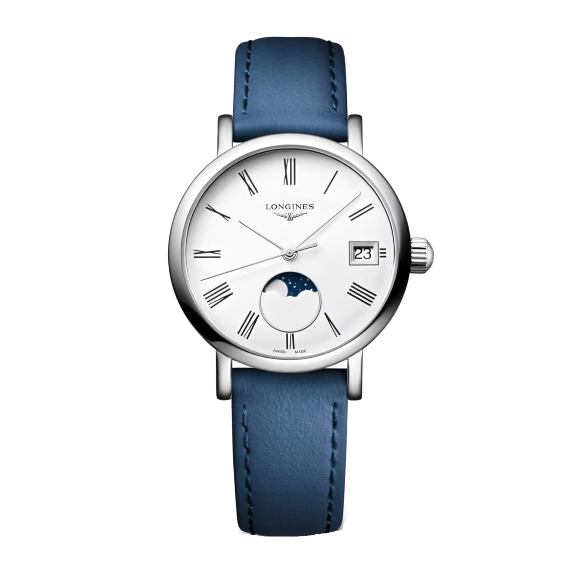 Longines Montre Longines Elegant collection Phase de Lune quartz cadran blanc bracelet cuir bleu 30 mm