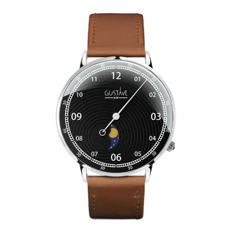 Gustave & Cie Montre 12H Georges Argent & Noir Cuir Marron Havane Surpiqué 40mm
