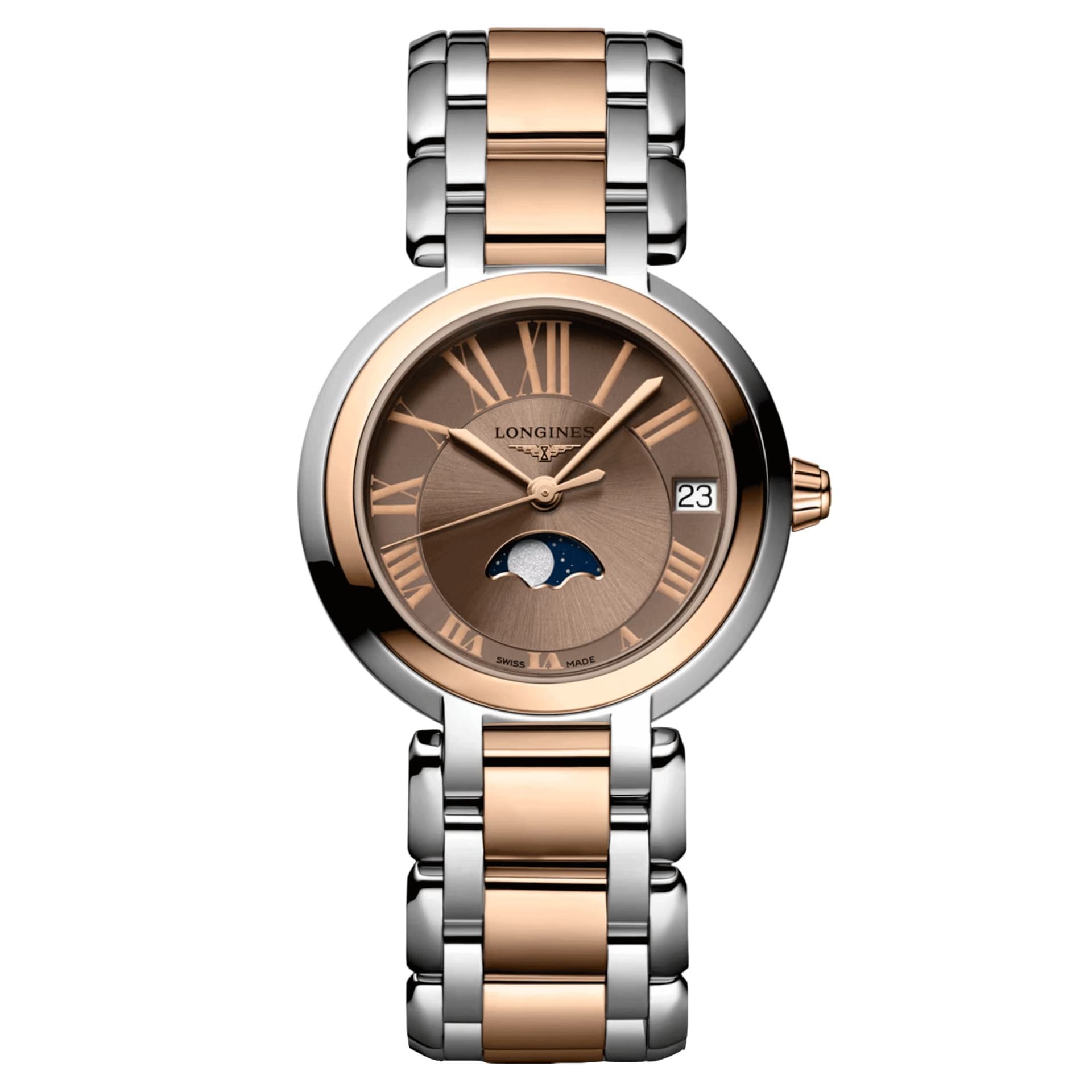 Longines Montre Longines Longines primaluna moonphase 30.50 mm Quartz Cadran Taupe Bracelet Acier et Or Rose